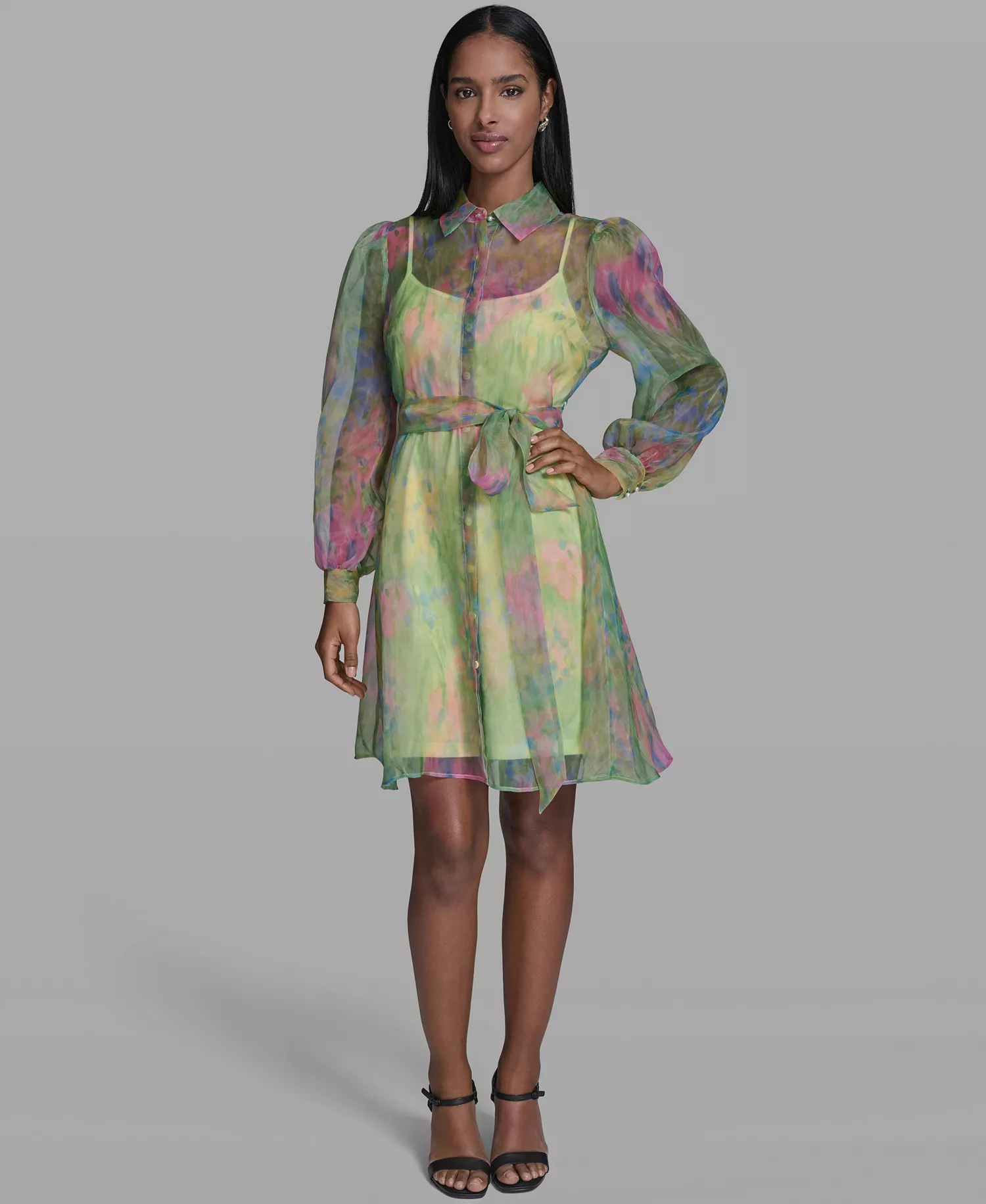 Women's Printed Puff-Sleeve Collared Dress - Pink Sherbet/Tea Green Multi - 0