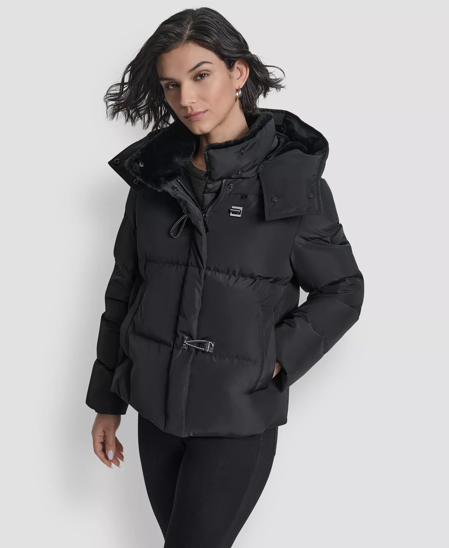 Women's Shirt Toggle Hooded Puffer Coat - Black - L
