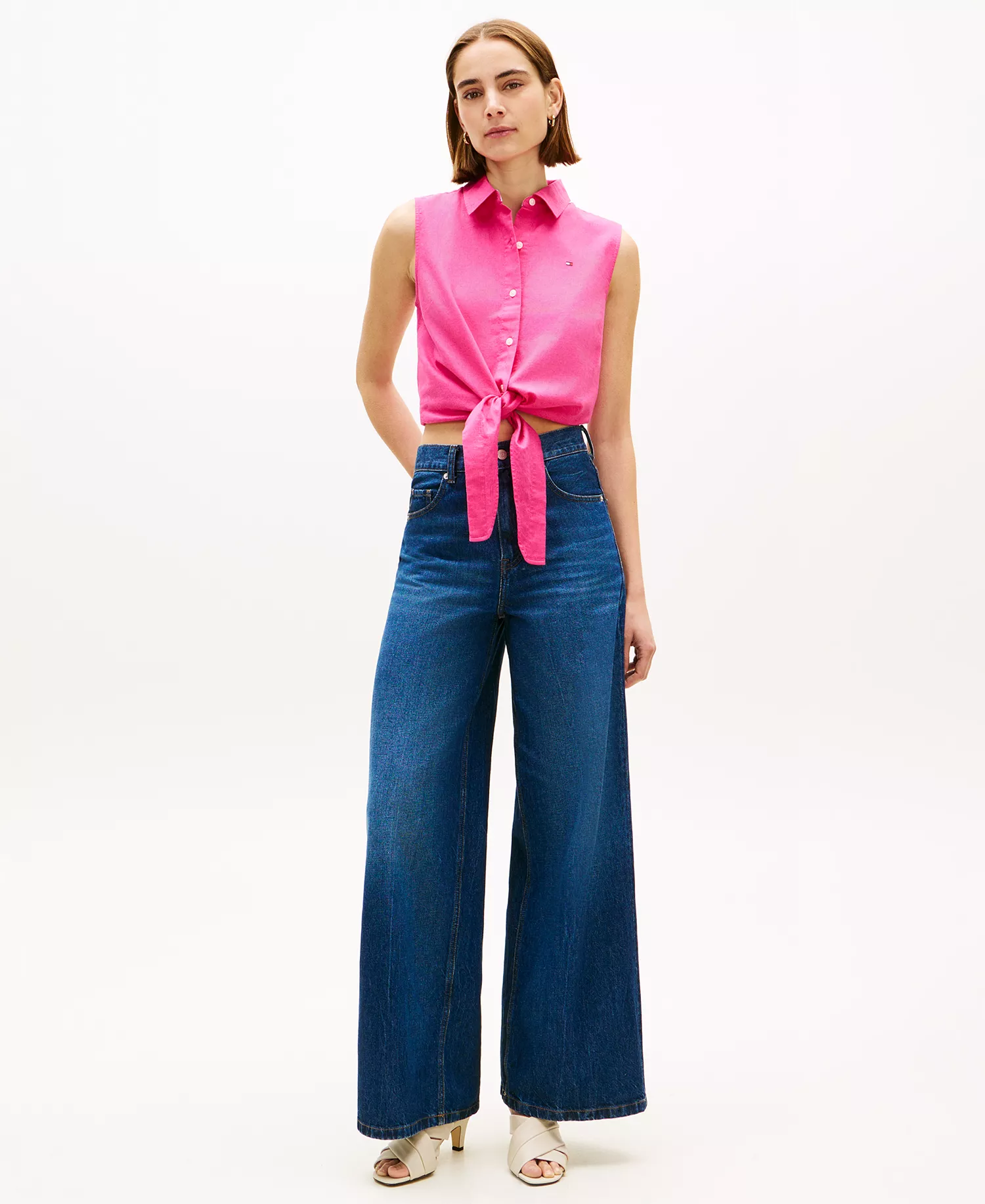 Women's Linen Knotted Collared Top - Pink - L