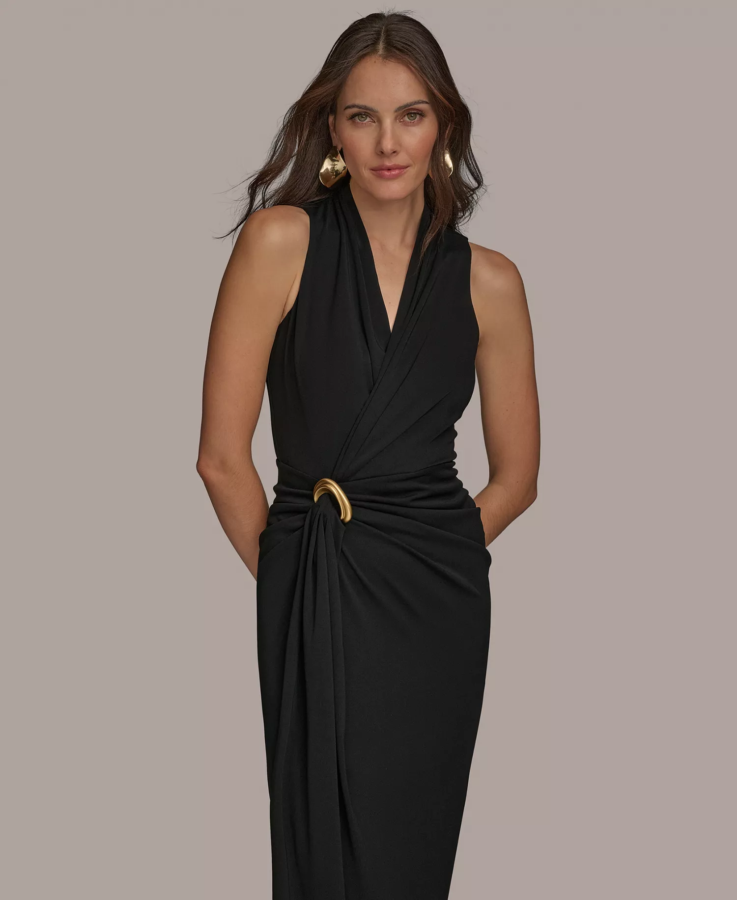 Women's Draped Faux-Wrap Gown - Black - 10