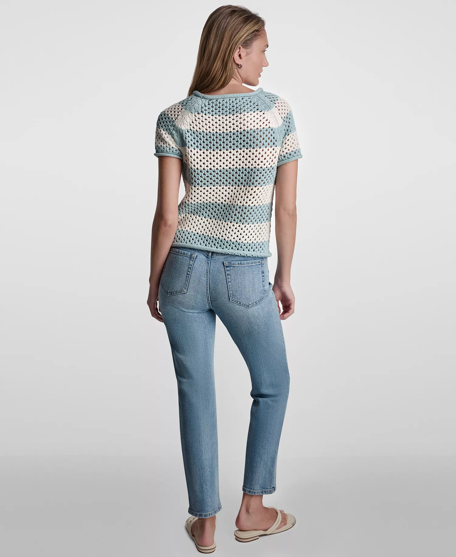 Petite Short-Sleeve Raglan Stripe Crewneck Pointelle Sweater - Mineral/Eggnog - PL