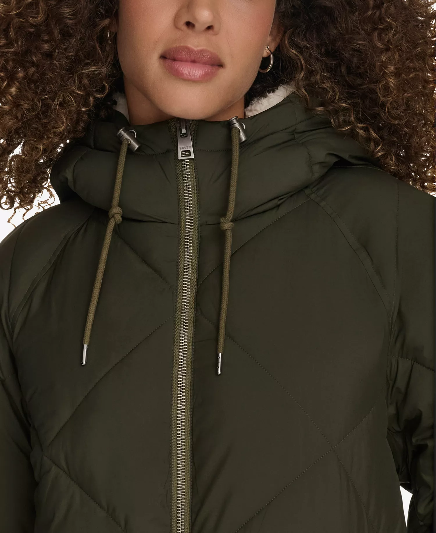 Women's Diamond Quilted Cinch Waist Parka Jacket - Army Green - L