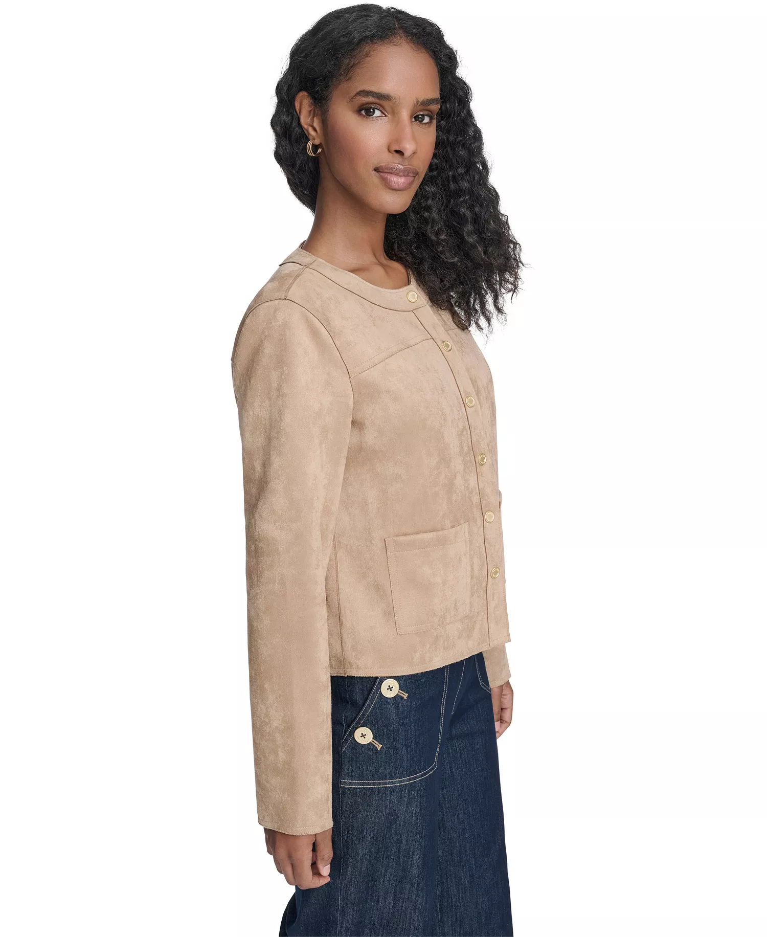 Women's Collarless Snap Front Jacket - Tannin - 0