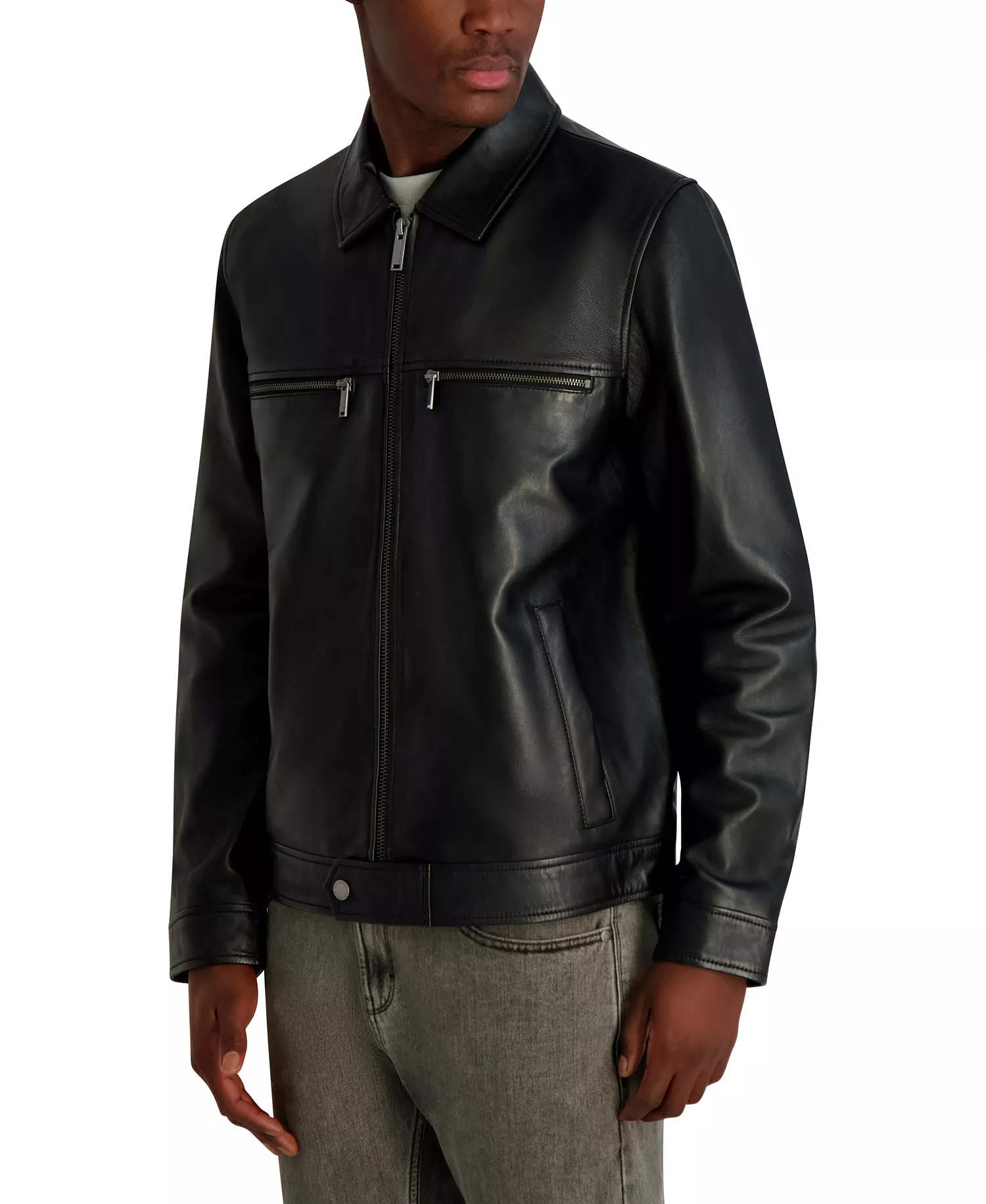 Men's Collared Leather Jacket - Black - 2XL