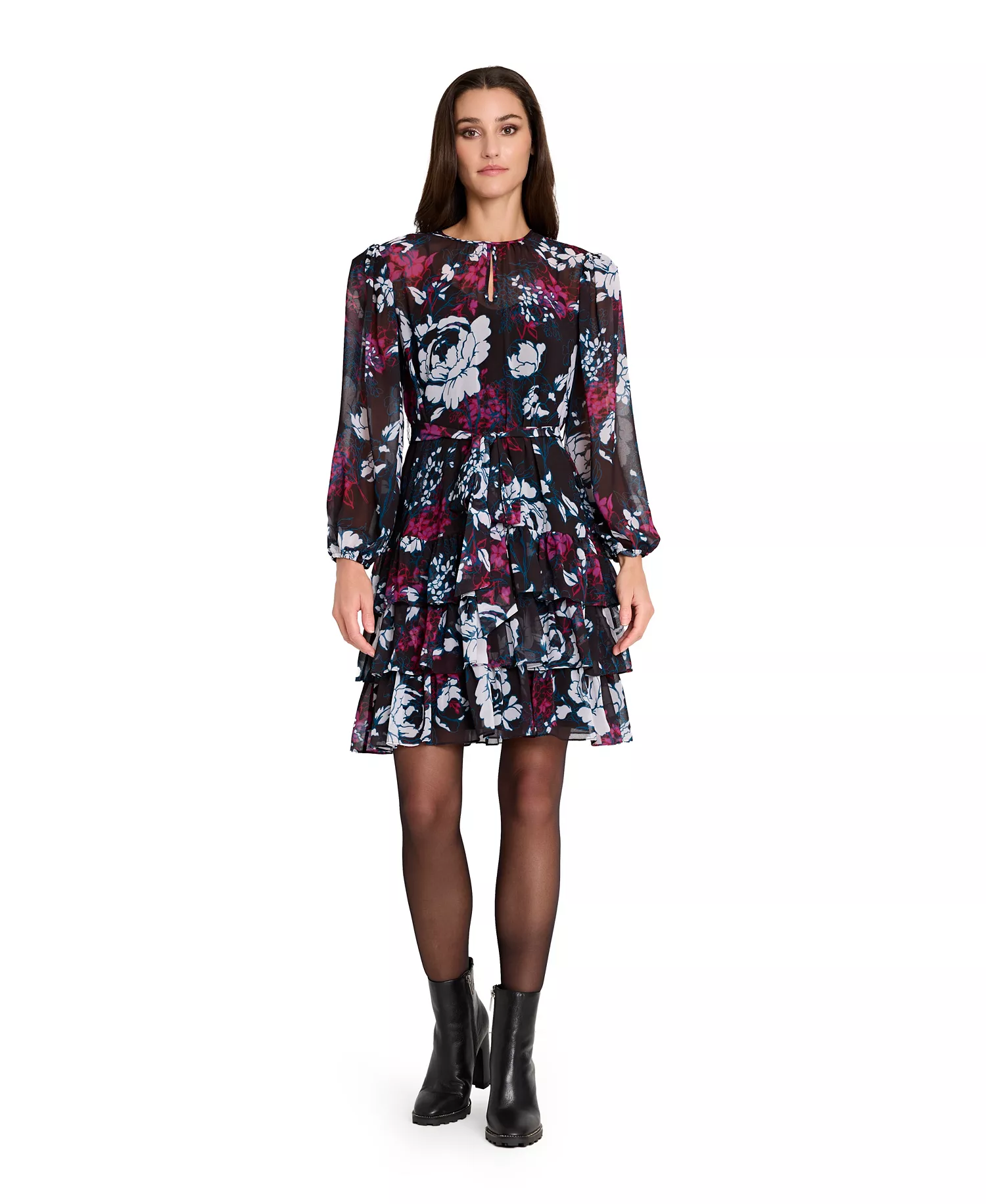Women's Belted Boucle Long-Sleeve Dress - Black Multi - 10