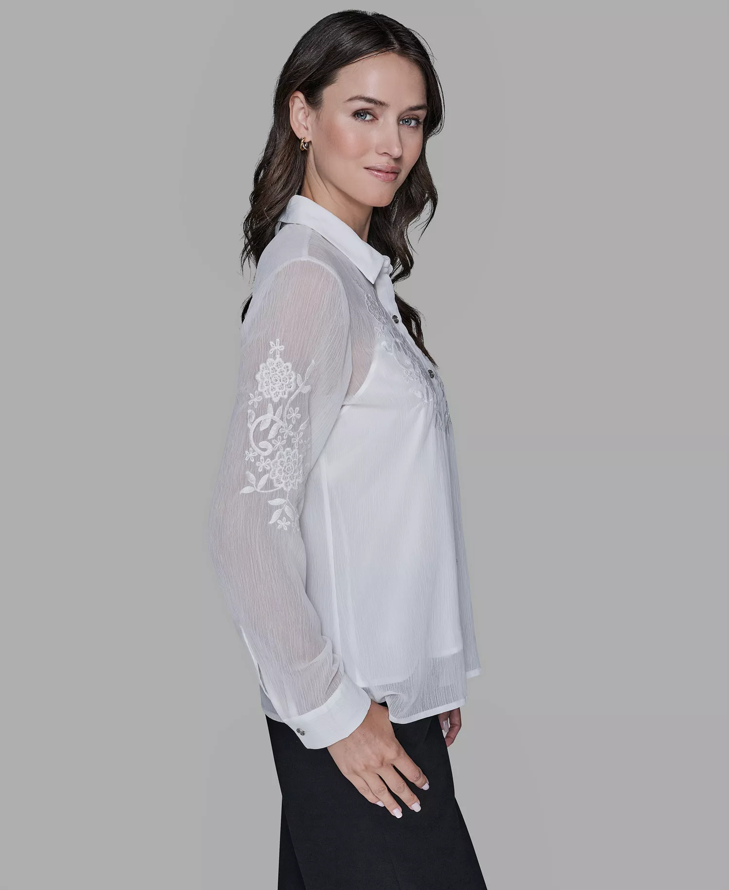 Petite Flower Button Down Shirt - Soft White - P/L
