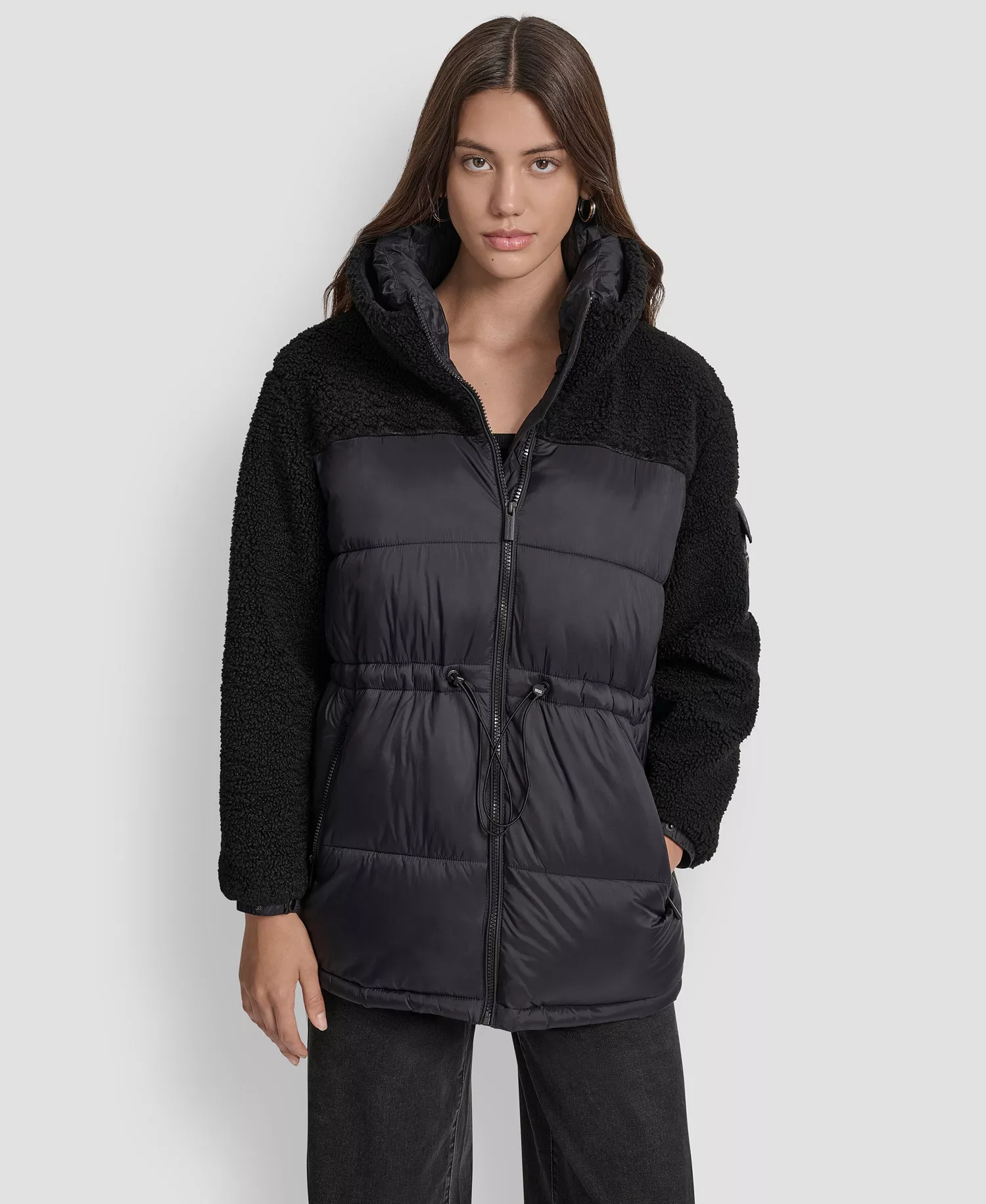 Women's Faux-Sherpa Puffer Mixed Coat - BLK - BLACK - L