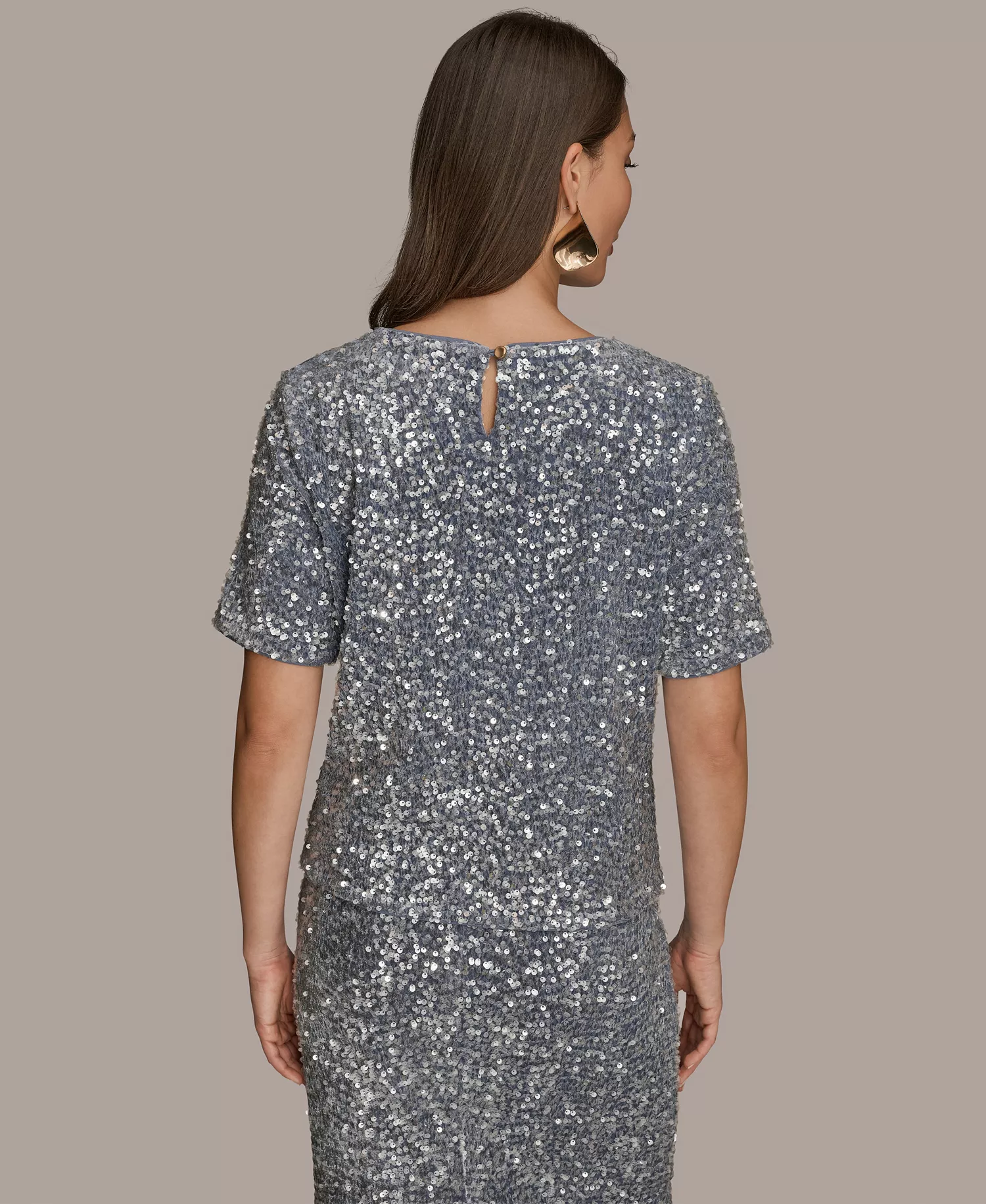 Women's Embellished Sequin Short Sleeve Crewneck Top - Tempest - L