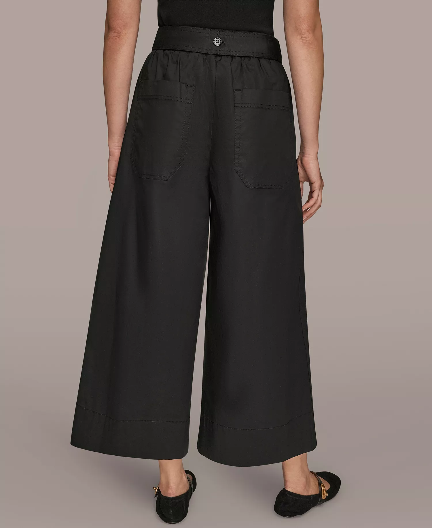 Women's Stretch Poplin Self Belted Crop Pants - Black - L