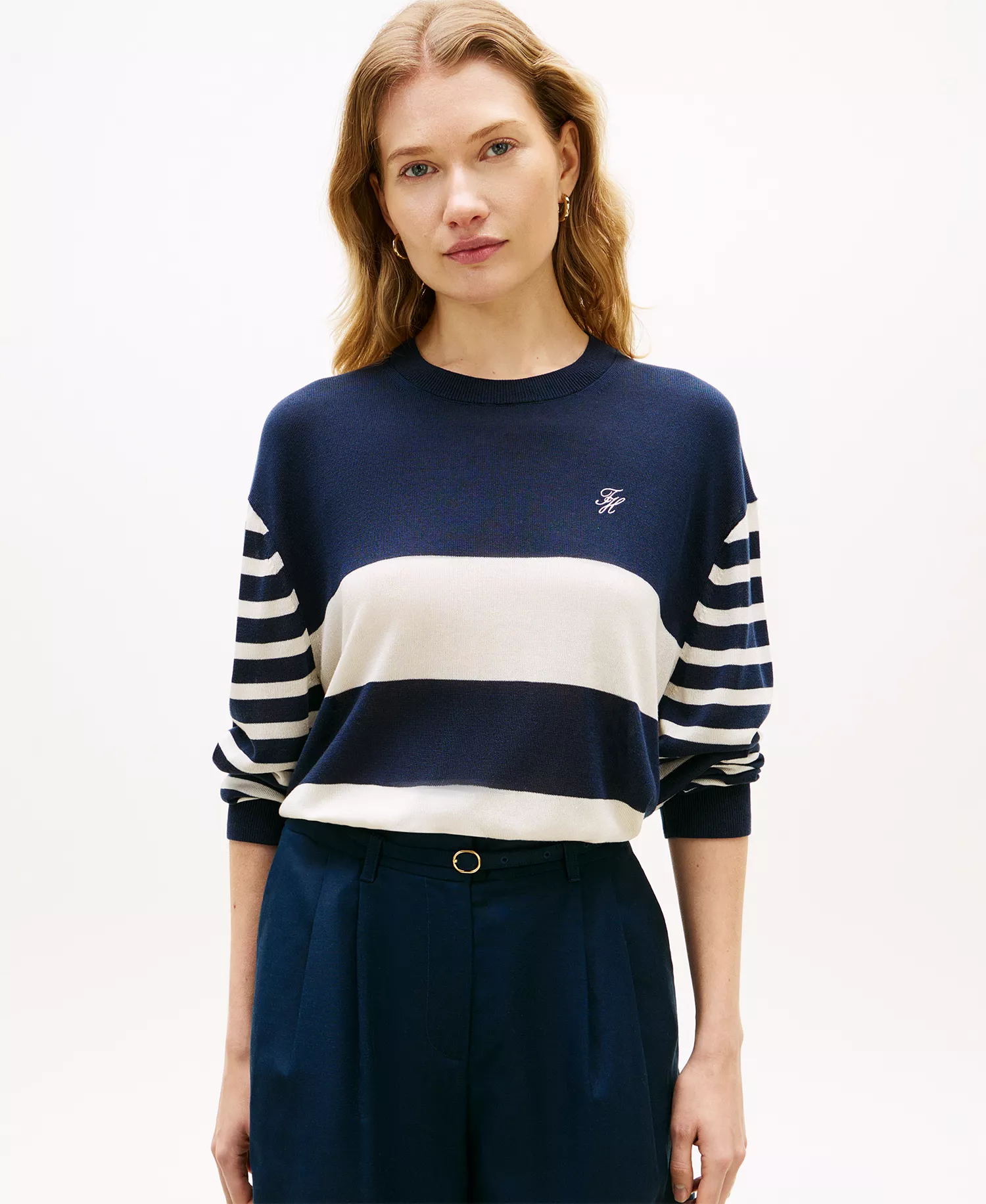 Women's Monogram Script Striped Sweater - Blue - L