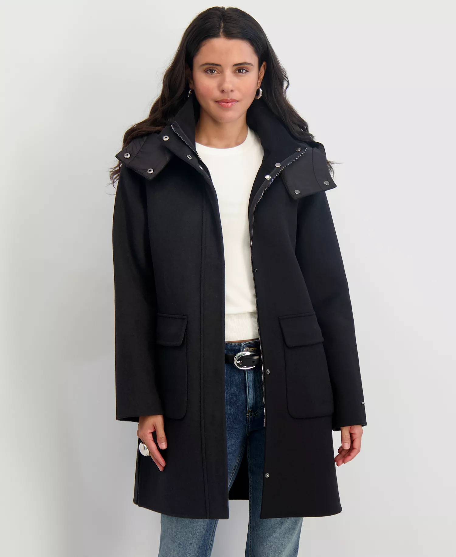 Women's Hooded Zip-Front Coat - Black - L