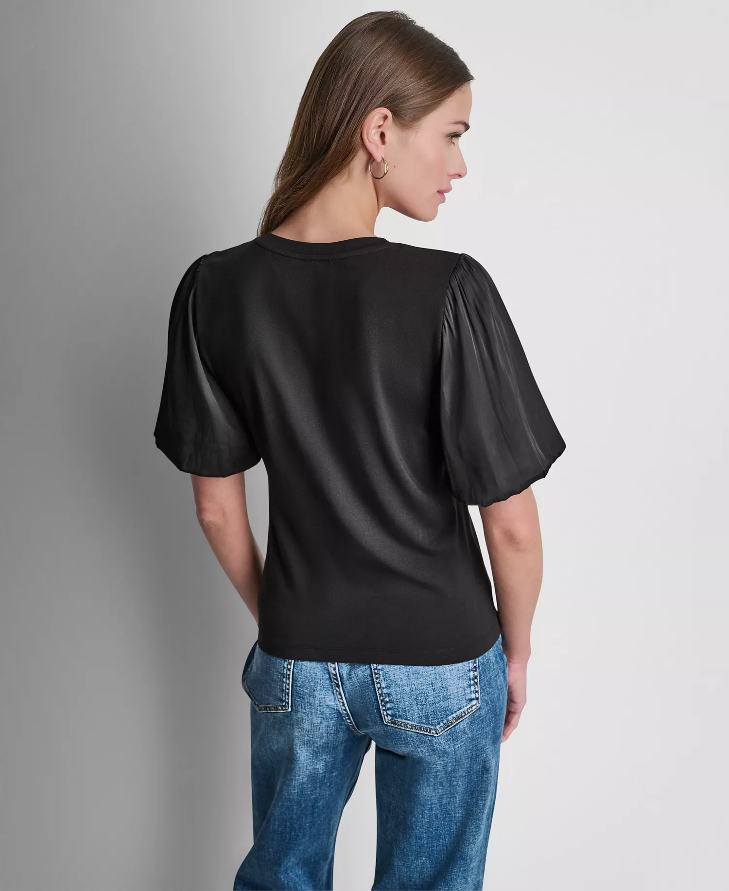 Women's Puffed Crew Neck Mix Media Knit Top - Black - L