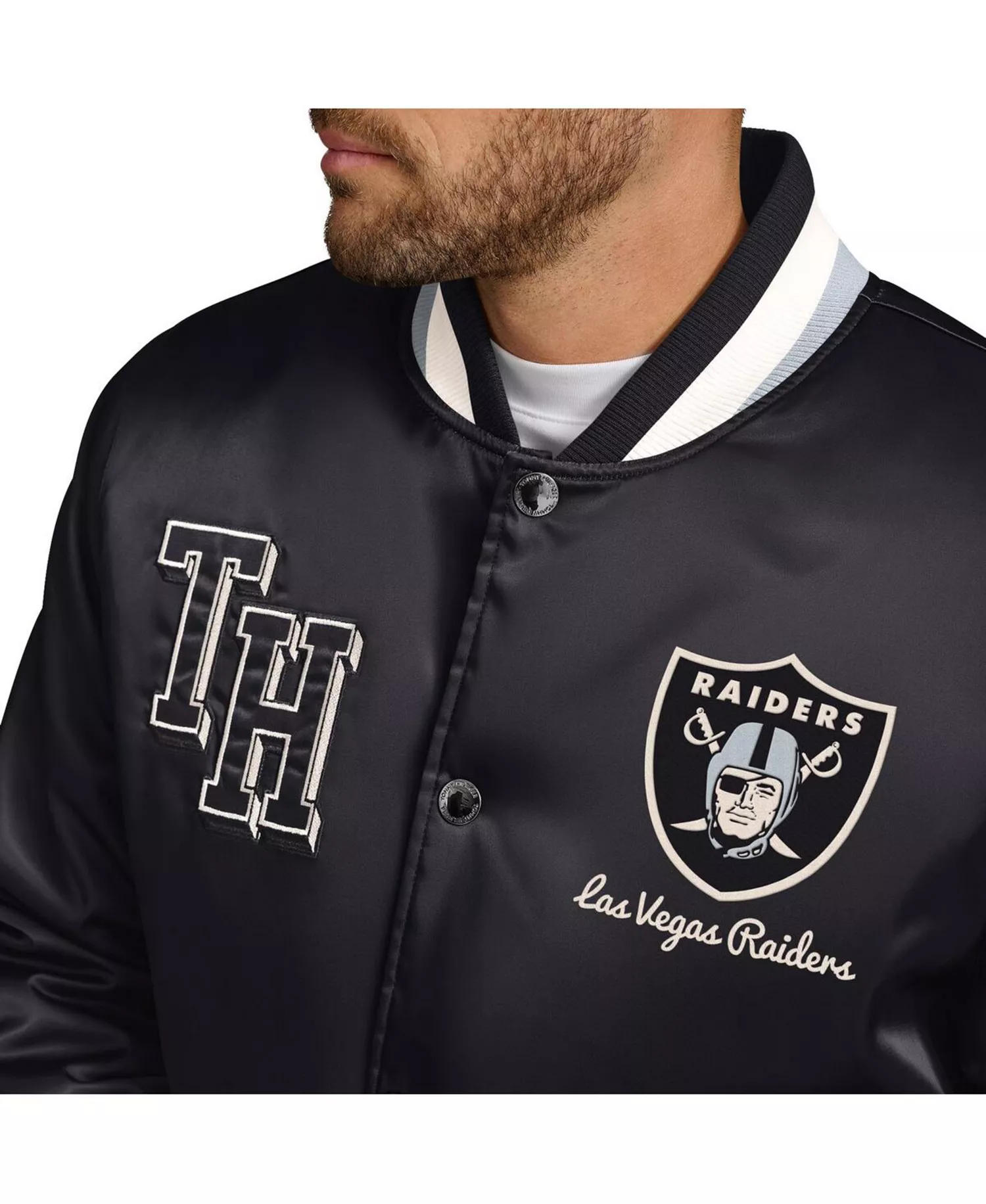 Men's Black Las Vegas Raiders Dante Full-Snap Satin Jacket - Black, Silver - L