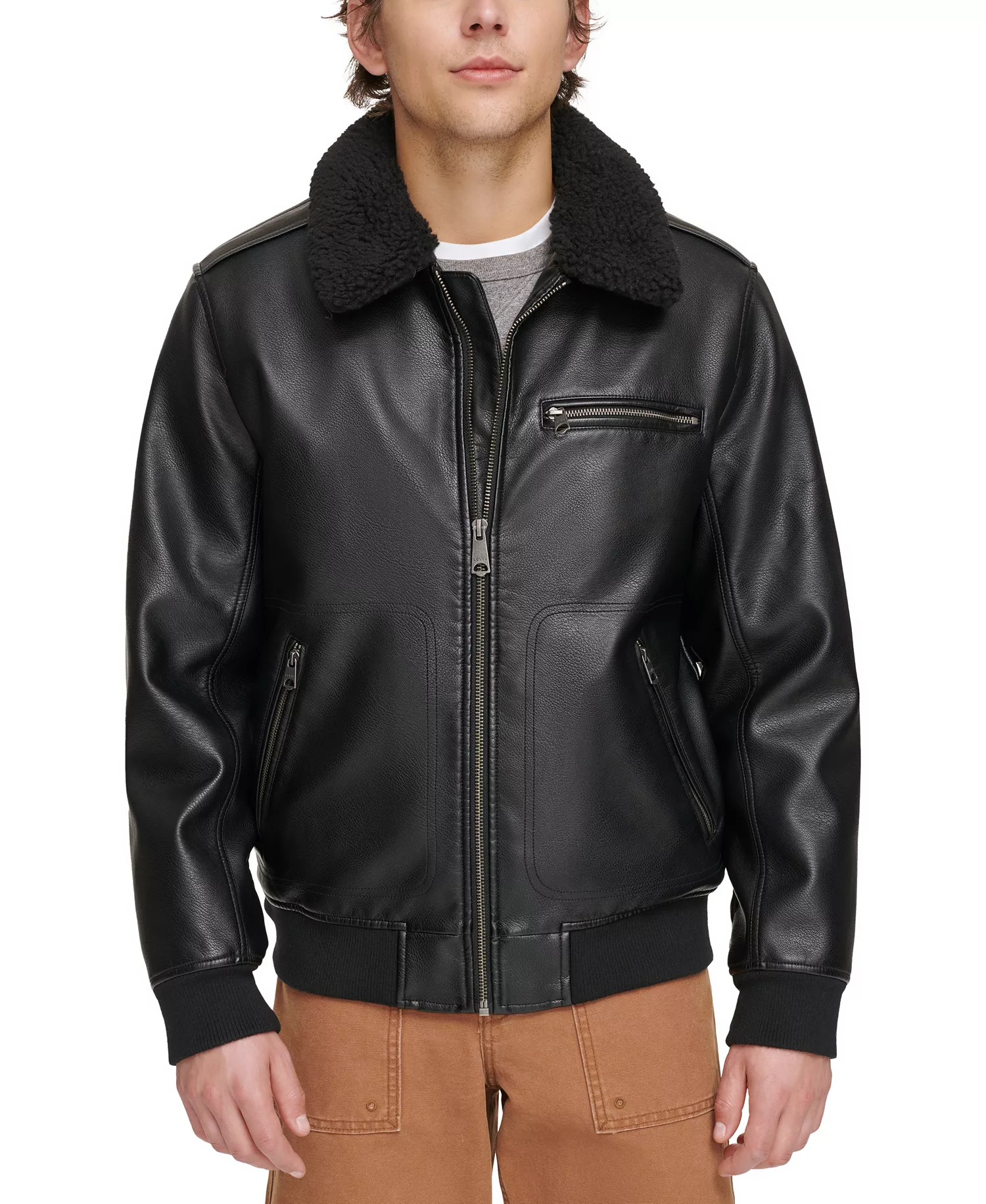 Men's Sherpa Collar Faux Leather Bomber Jacket - Black - 2XL