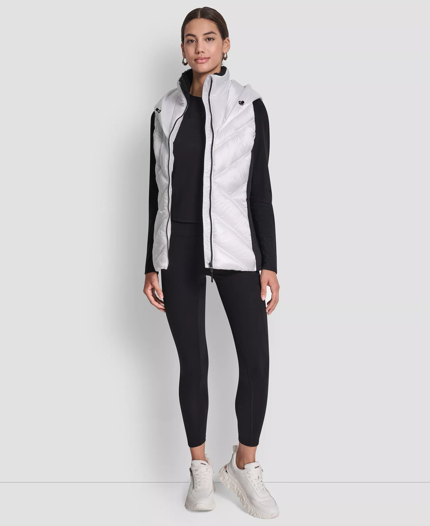 Women's Contrast Collar Hooded Puffer Vest - Liquid White - L