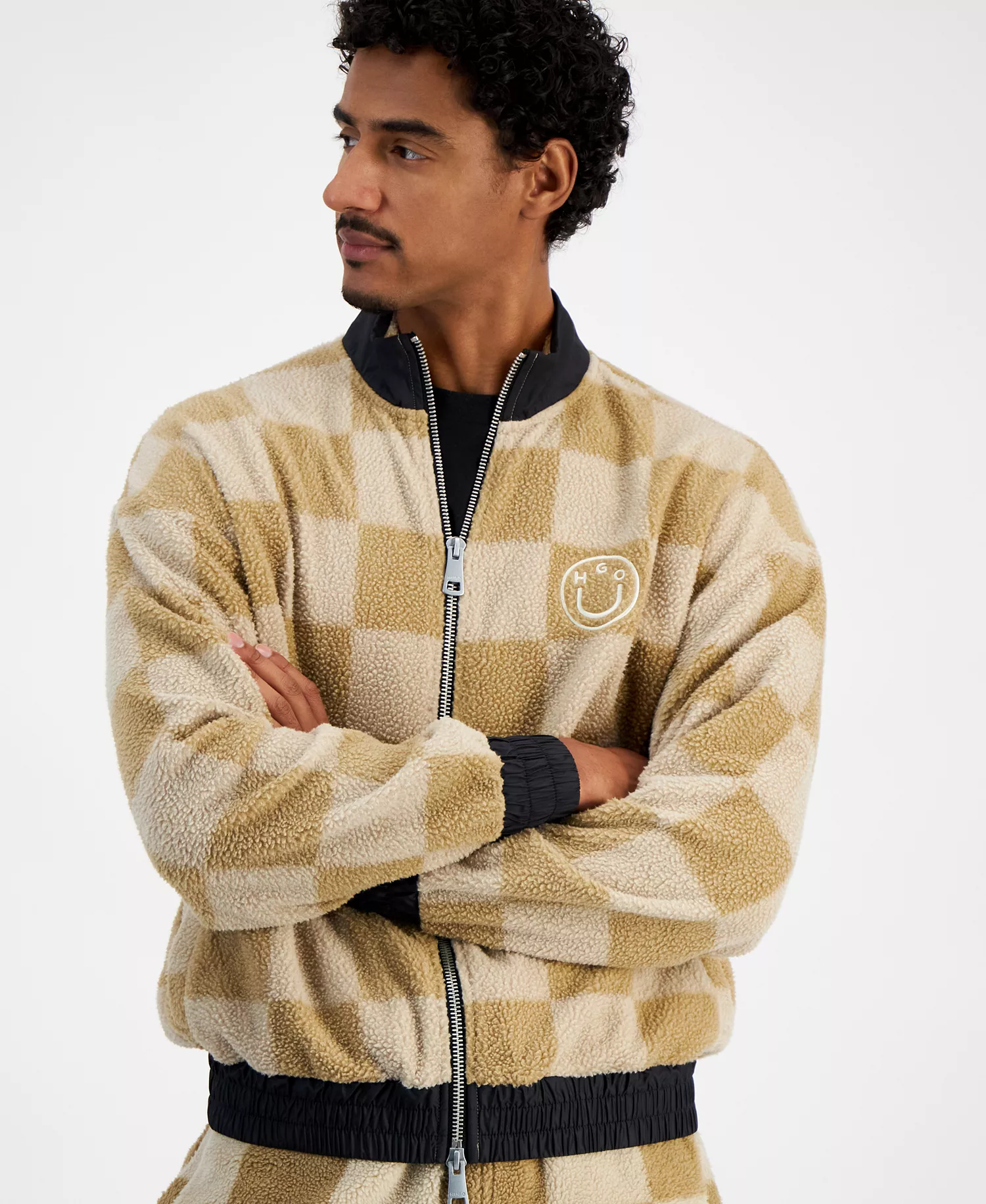 Men's Naliso Relaxed Fit Zip-Front Checkered Track Jacketed - Medium Beige - 2XL