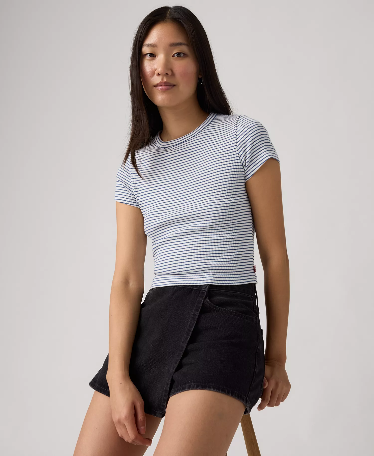Women's Short-Sleeve Cropped Top - Ava Stripe Cloud Dancer Sunshine Blue - L