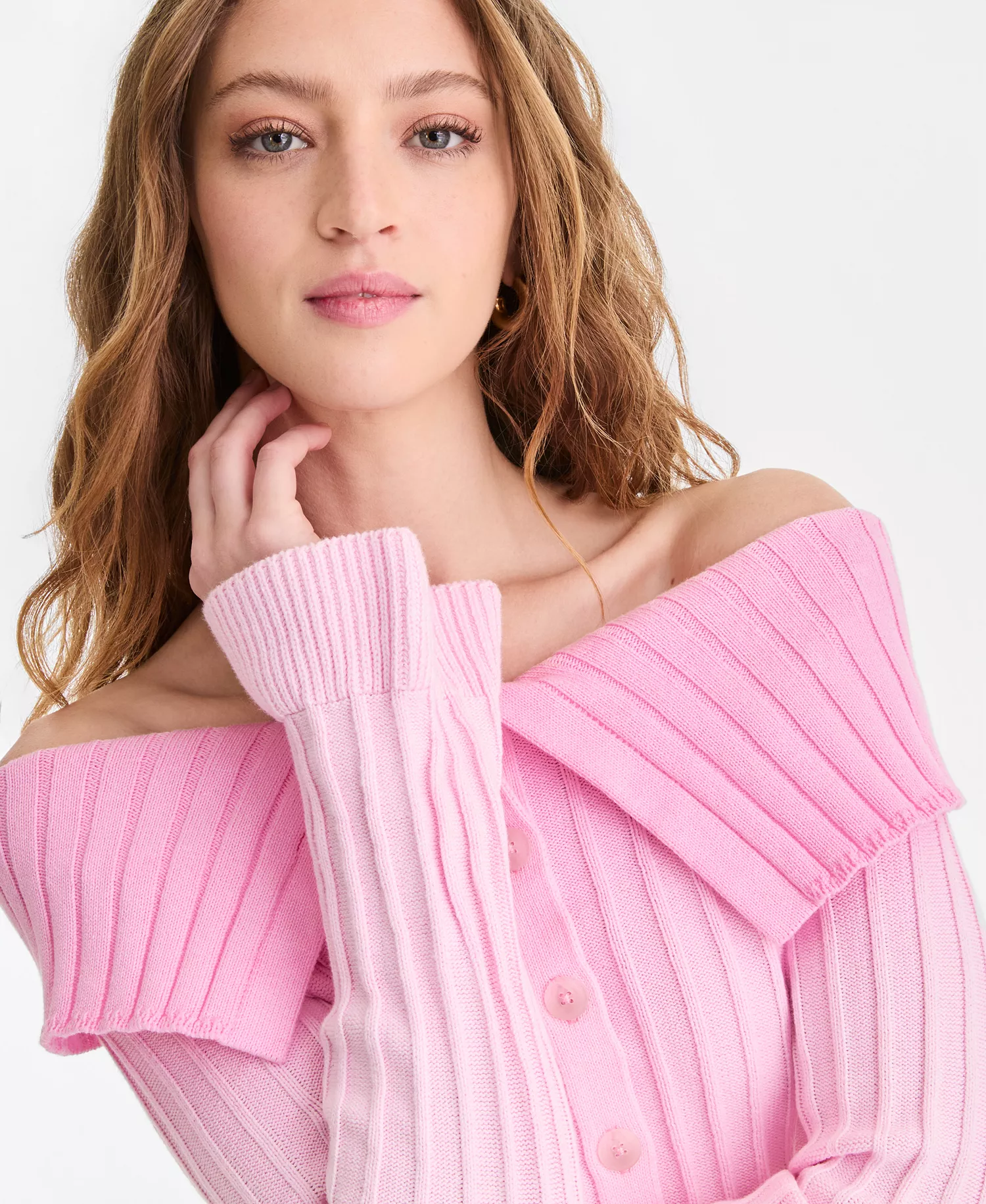 x FIT Women's Off-The-Shoulder Button-Front Sweater, Macy's Exclusive - Pink Ombre - L