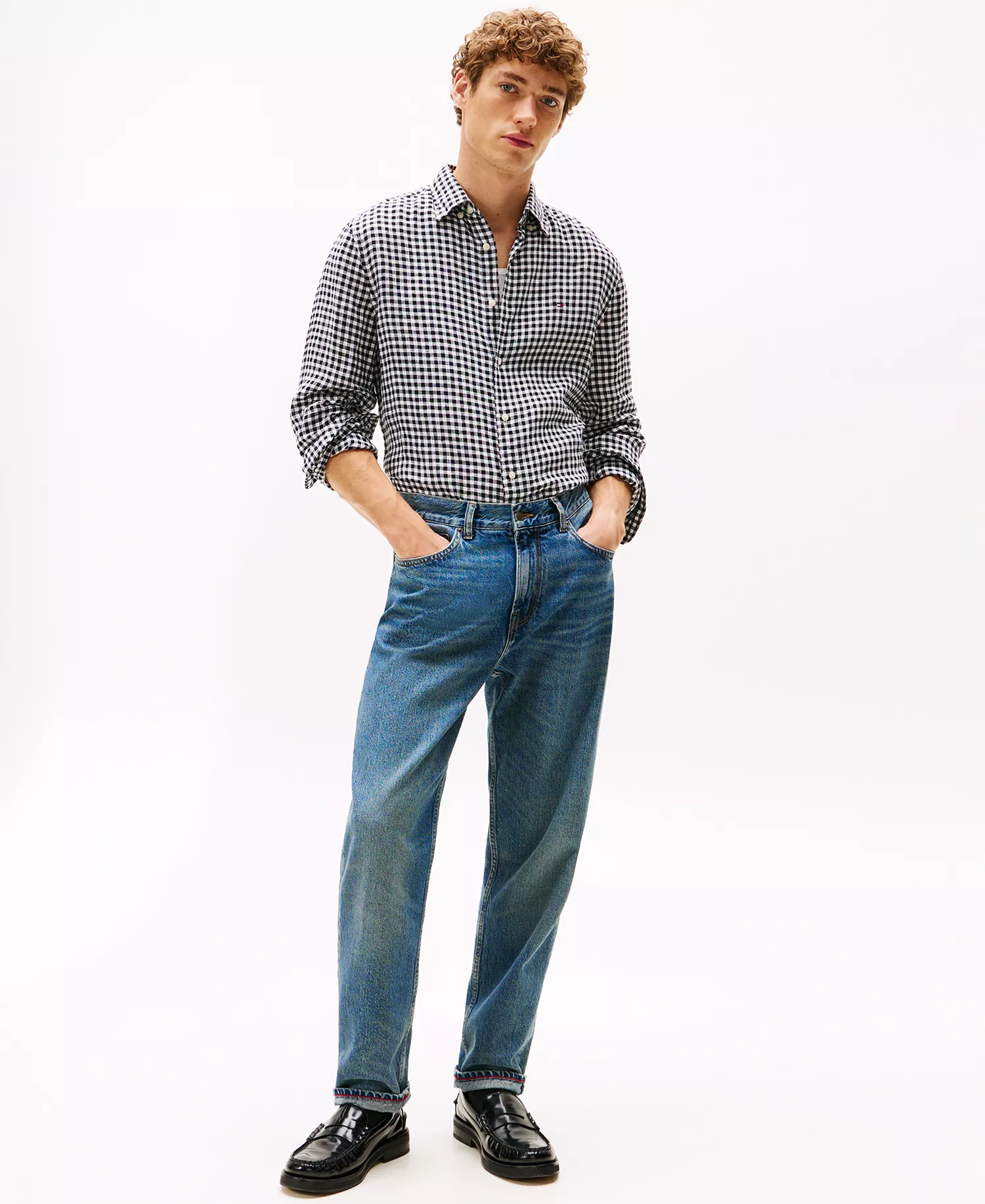 Men's Linen Gingham Button Up Shirt - Black / Check - L