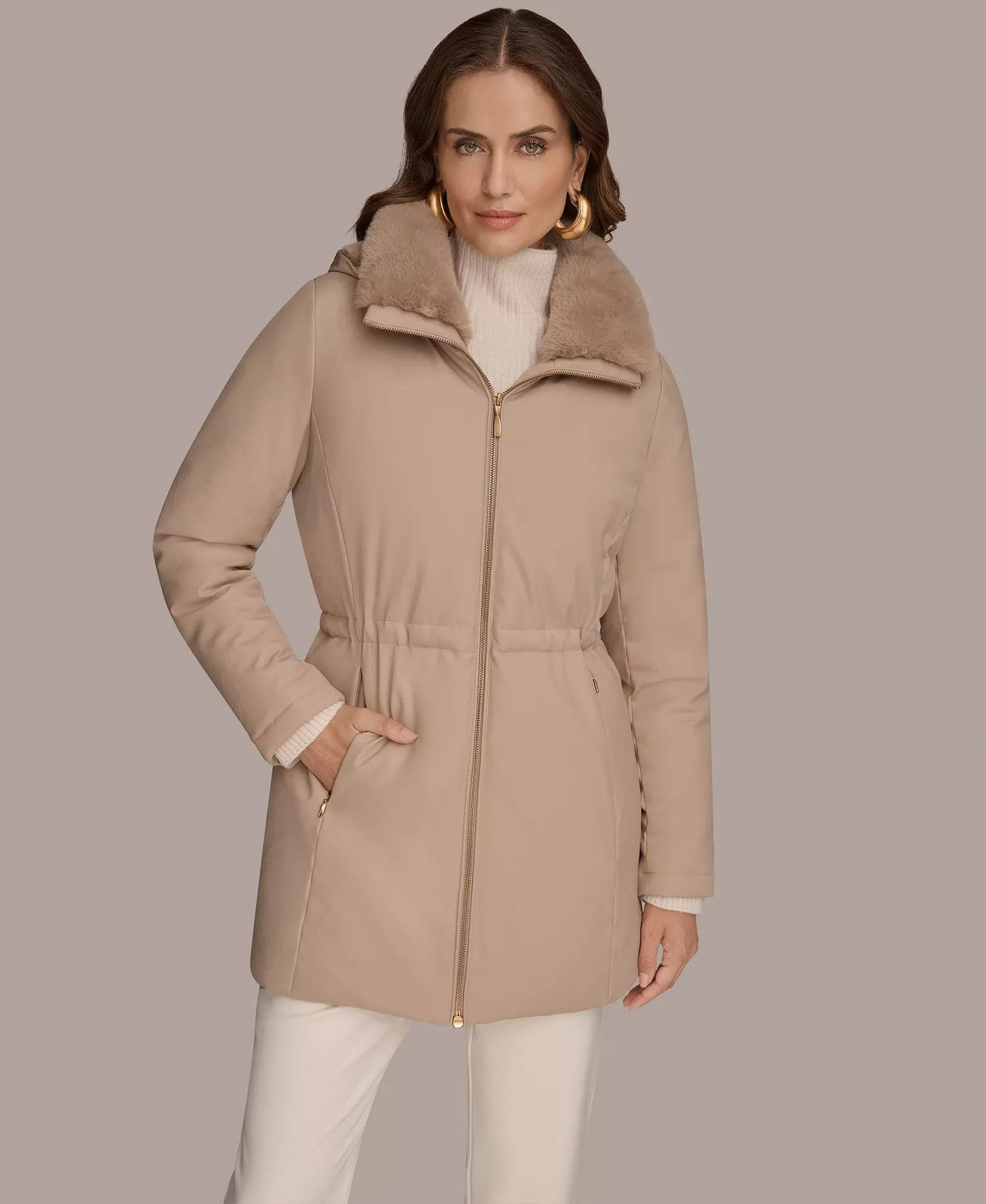 Women's Faux-Fur-Collar Short Puffer Coat - Barley - L