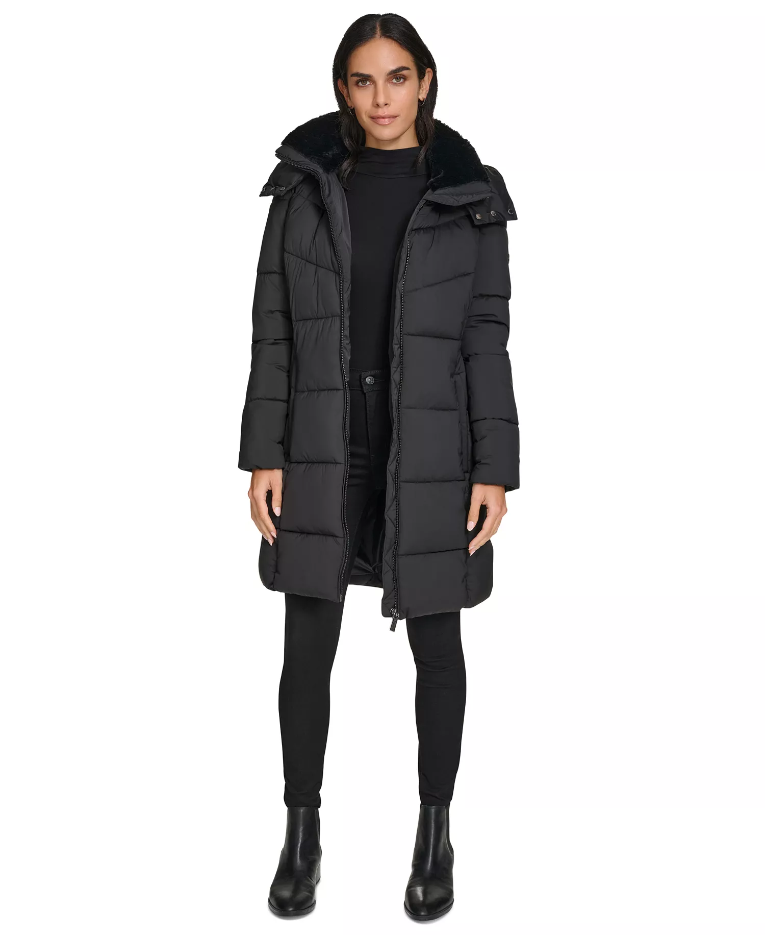 Women's Hooded Faux-Fur-Lined Midi Puffer Coat - Black - L