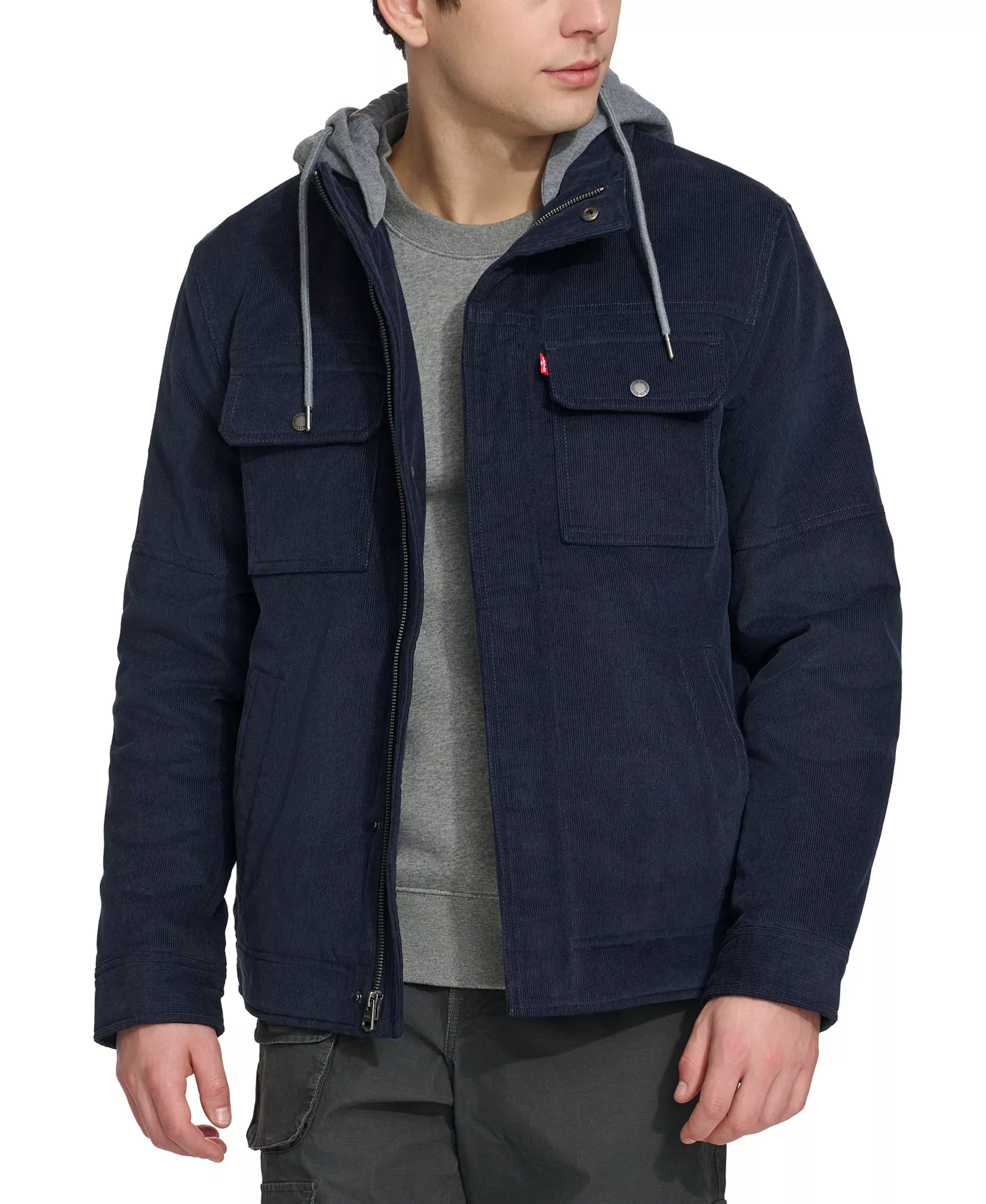 Men's Hooded Corduroy Zip Jacket - Navy - 2XL