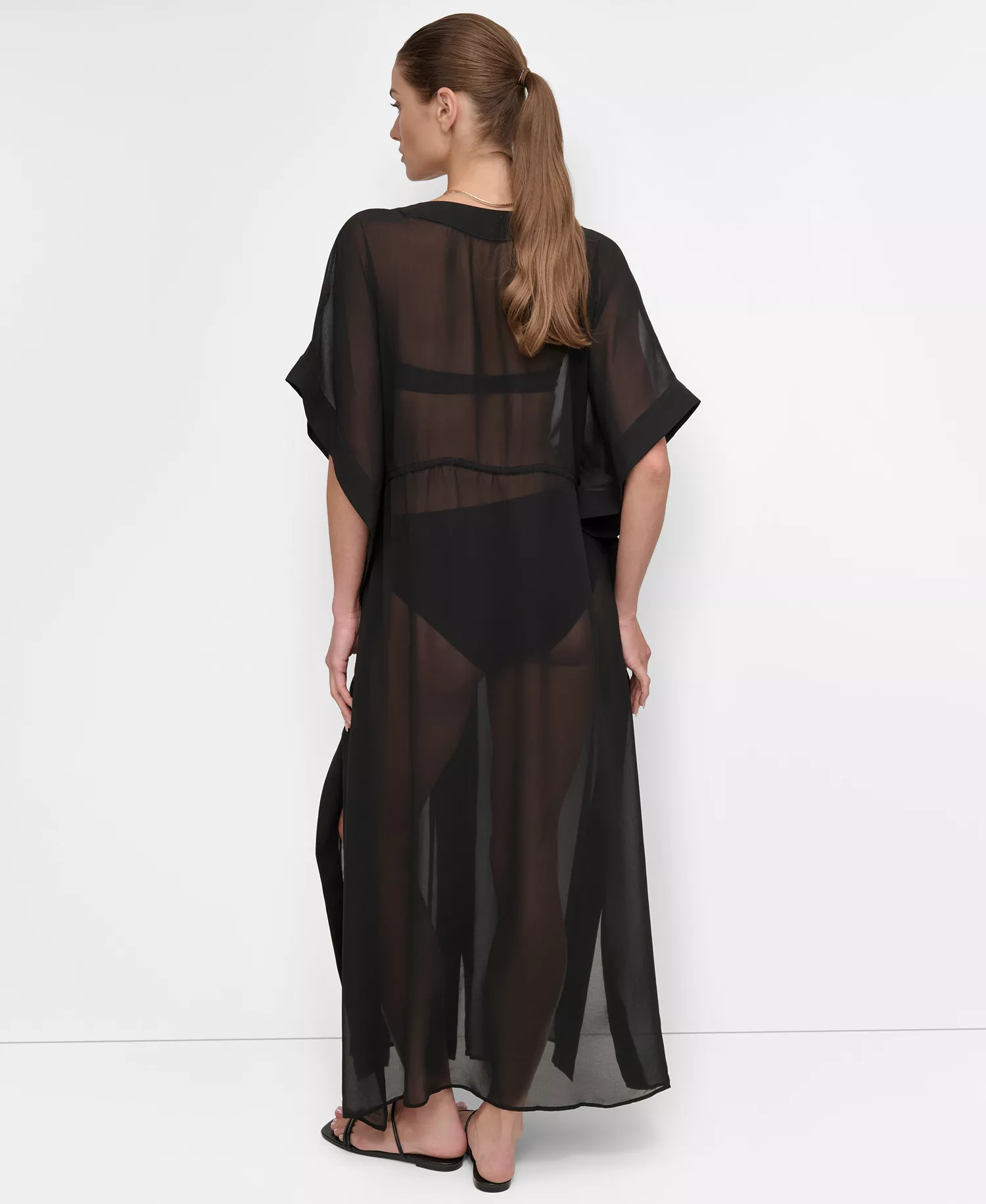 Women's Tie-Front Cover-Up Kaftan - Black - L