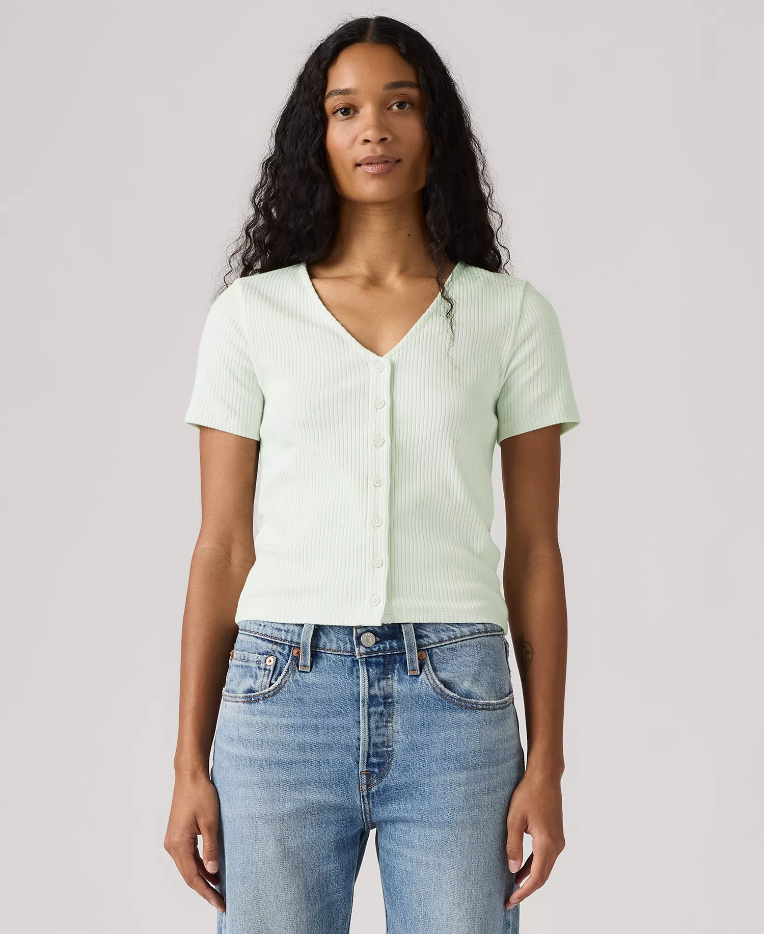 Women's Muse Short-Sleeve Button-Front Top - Pale Blue - L