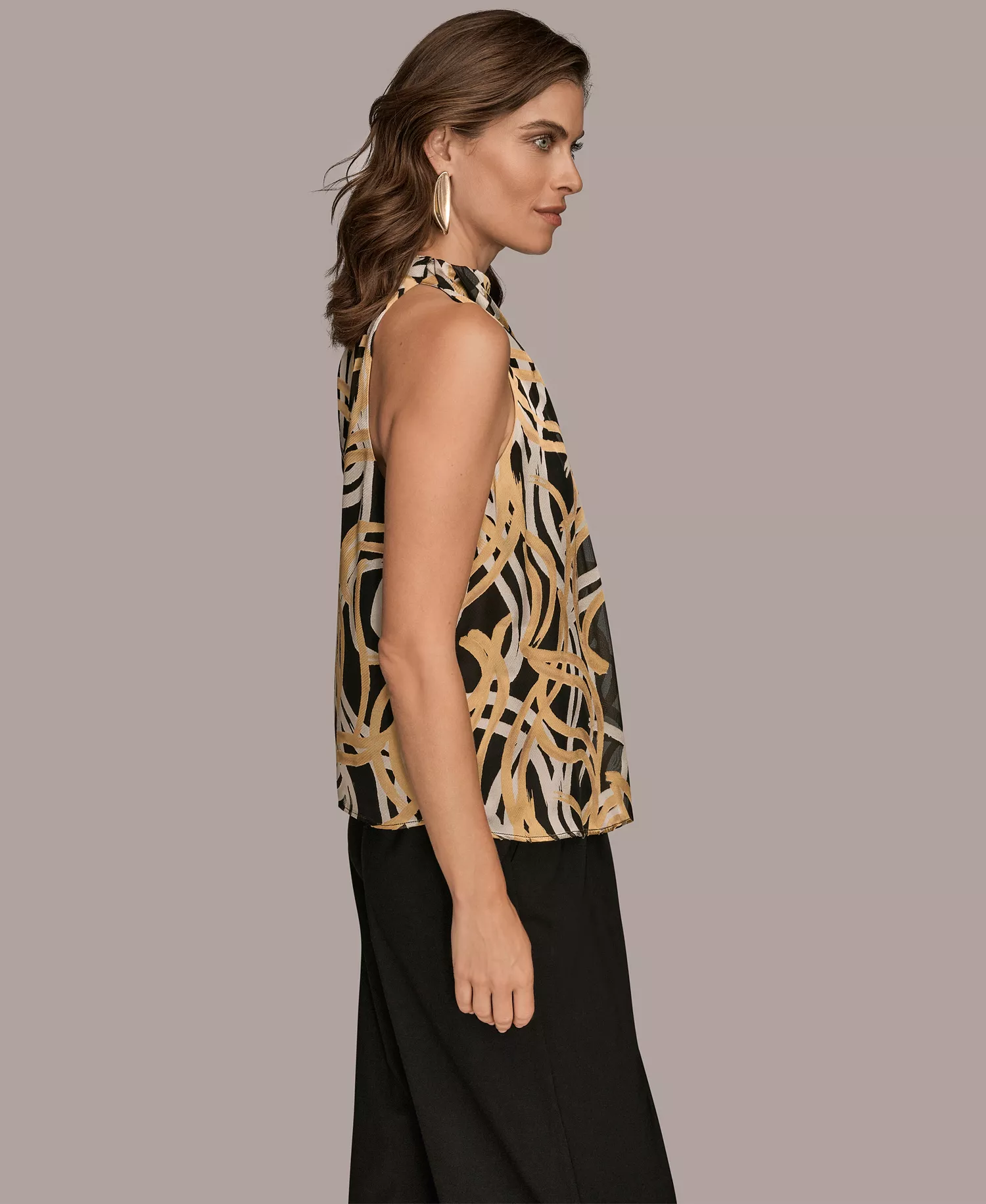 Women's Pleated Shoulder Novelty Burnout Halter Top - Black/Fawn/Tuscan Gray - L