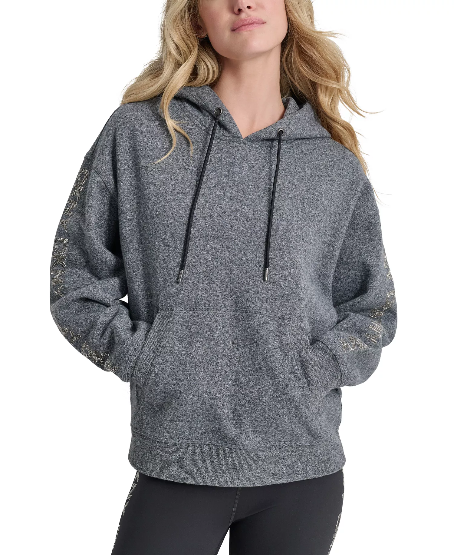 Women's Rhinestone Logo Fleece Hoodie - Black Heather - L