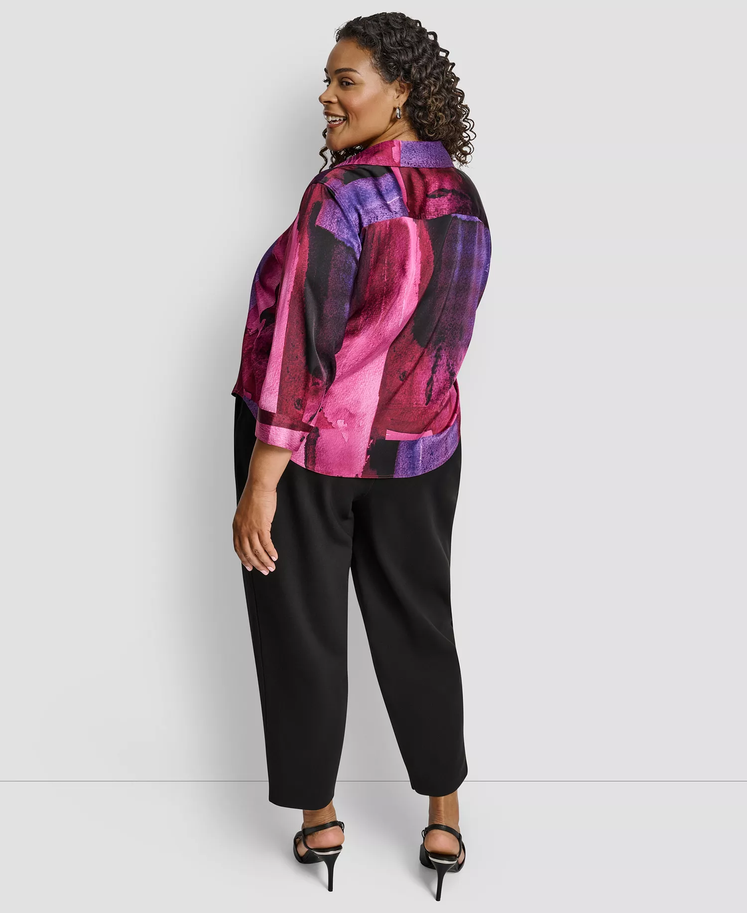 Plus Size Collared Neck Top - Fuchsia/Dark Violet Multi - 1X