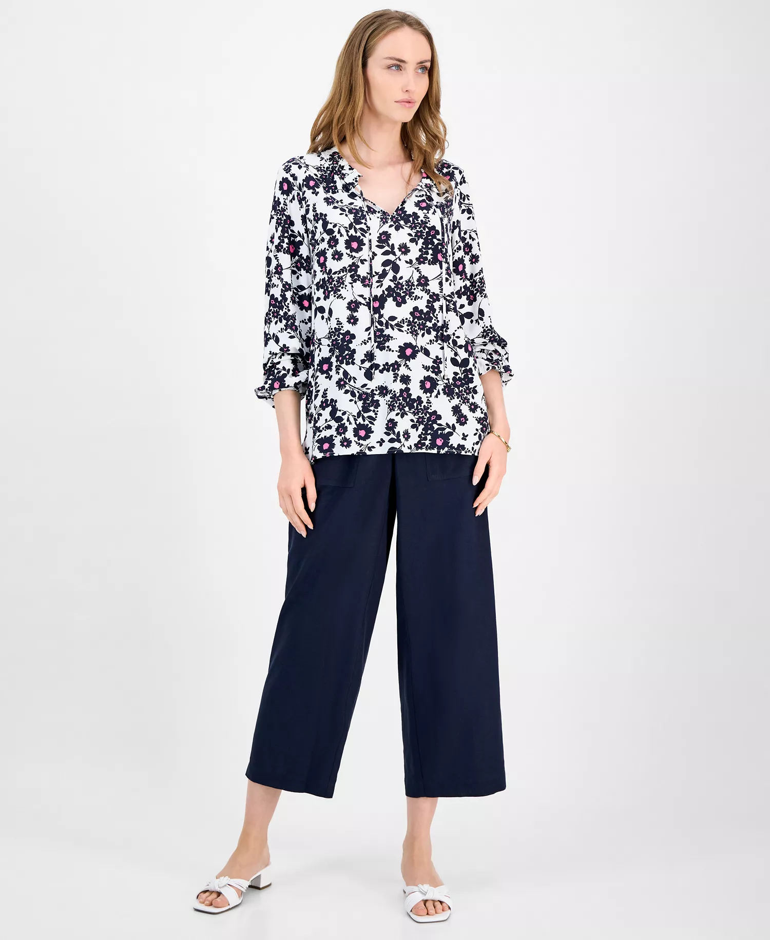 Women's Floral Tie-Neck Long-Sleeve Top - Ivory Multi - XXL