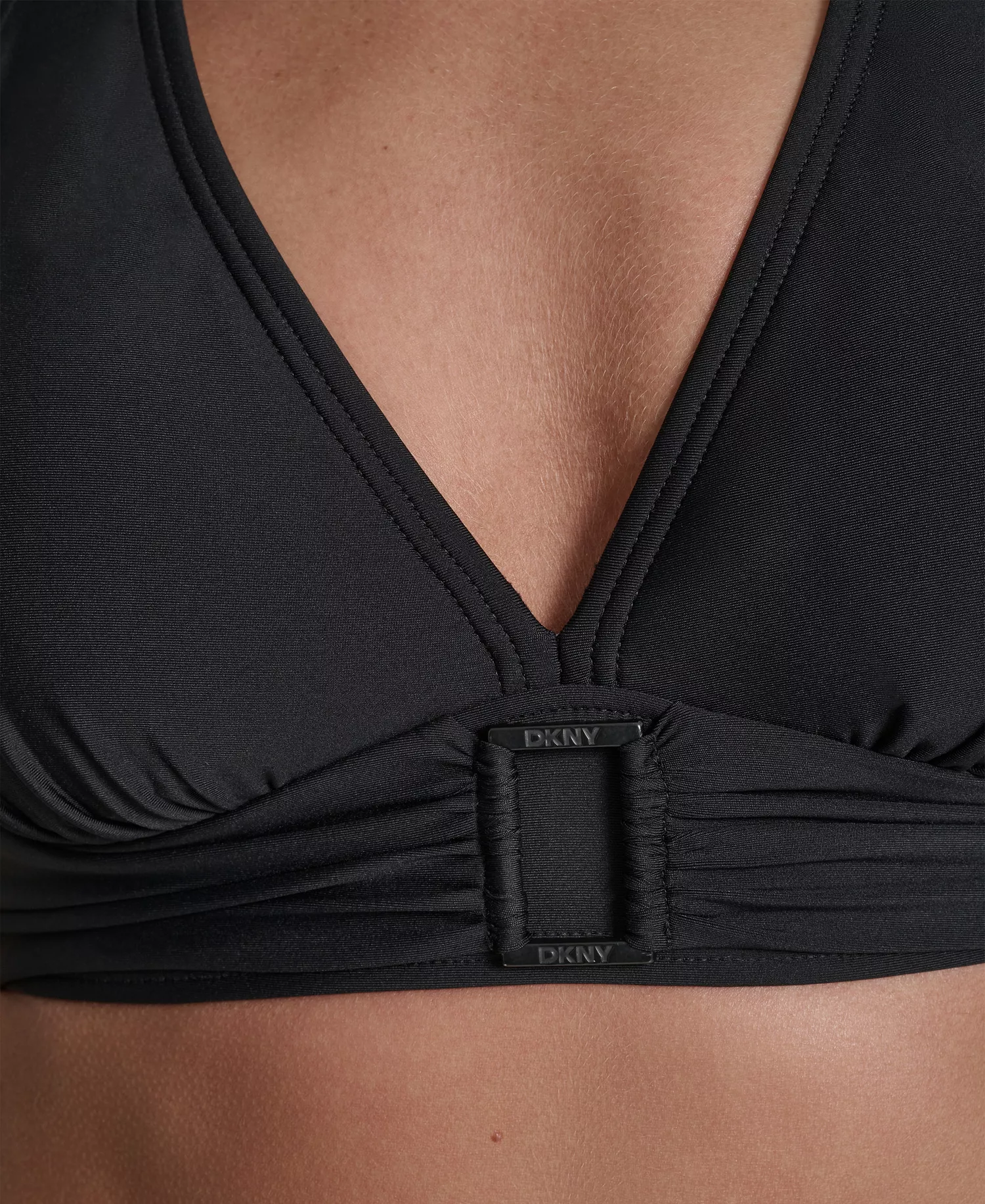 Women's Shirred Buckle Front V-Neck Halter Top - Black - L