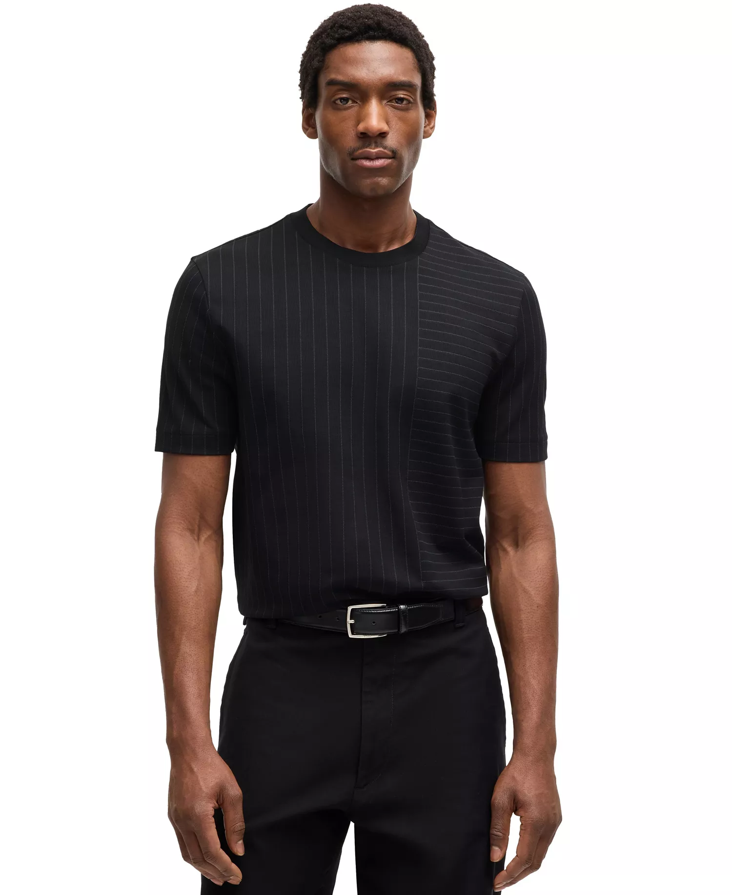Men's Pinstripe Mercerized Cotton T-Shirt - Black - L