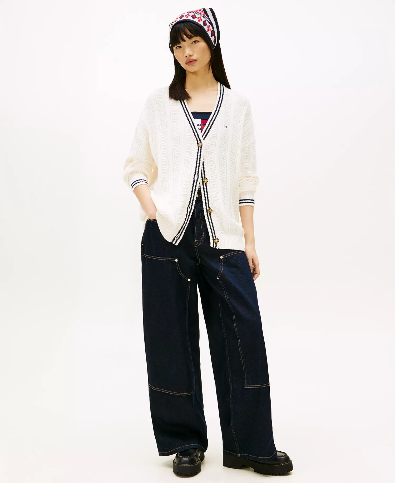 Women's Oversized Flag Cable Long-Sleeve Cardigan - Ancient White - L