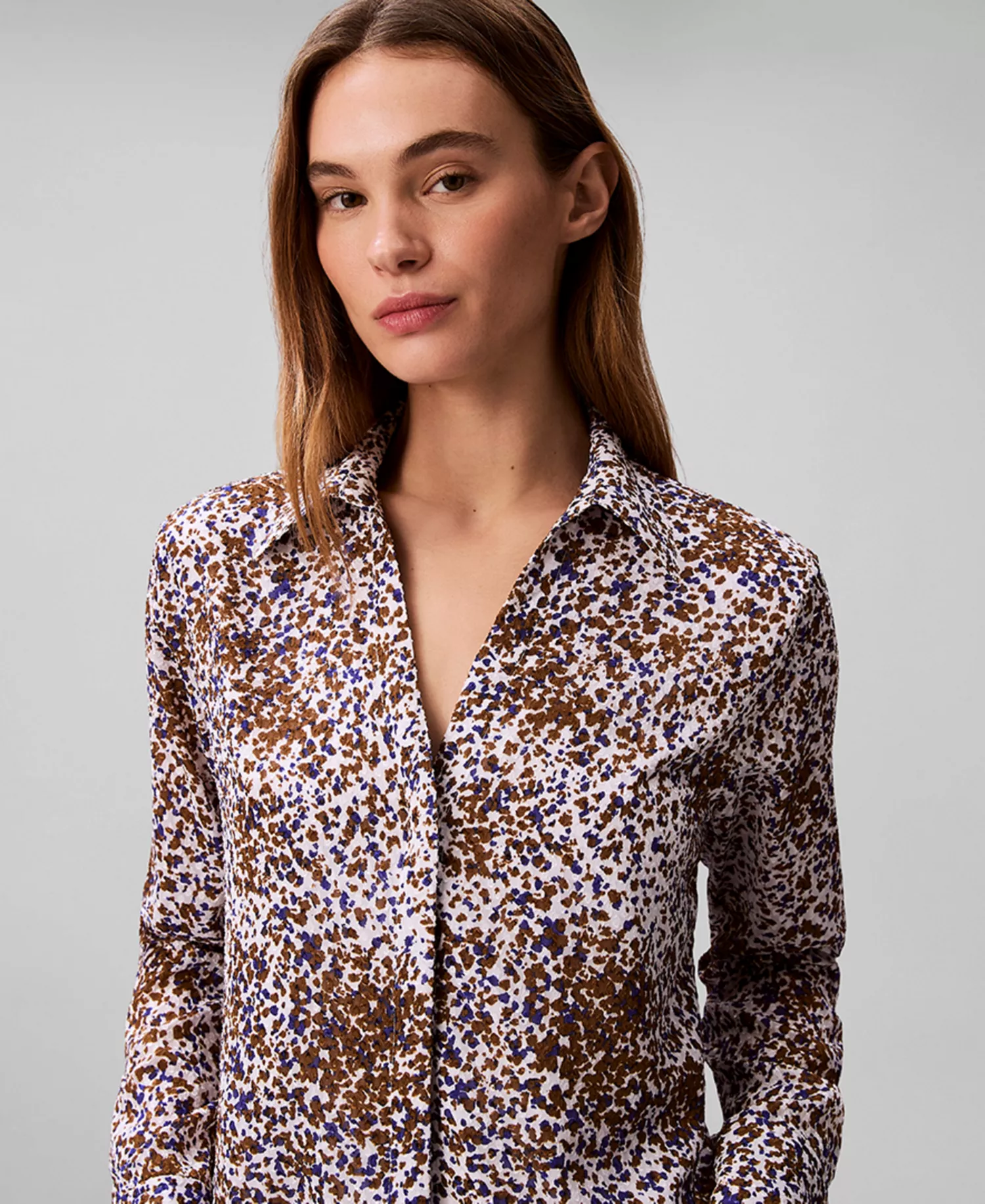 Women's Textured Print Slim Button-Down Shirt - Sepia Flecked Animal Print - L