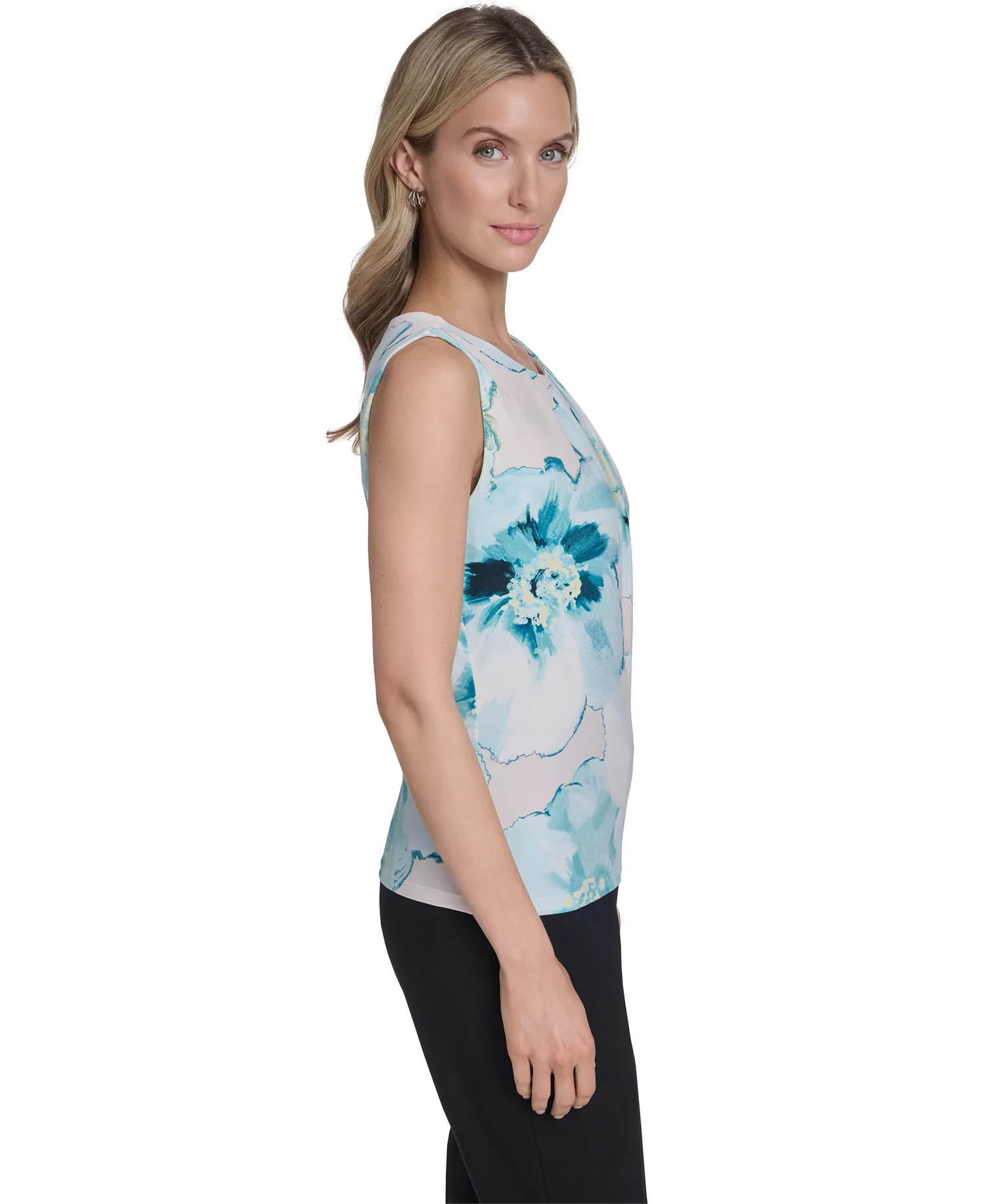 Women's Printed Mesh Crewneck Ruched Top - Navy/seaspray Multi - L