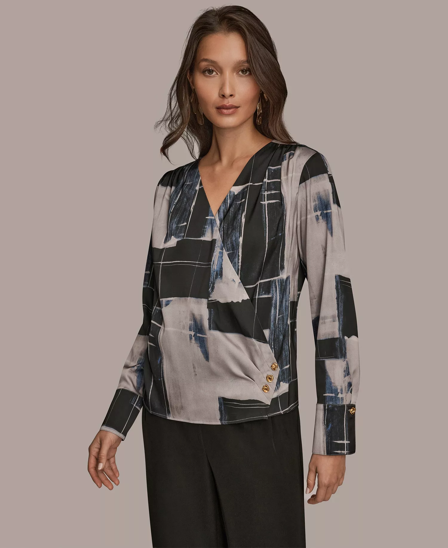 Women's Faux Wrap Long Sleeve V-Neck Top - Vapor Multi - L