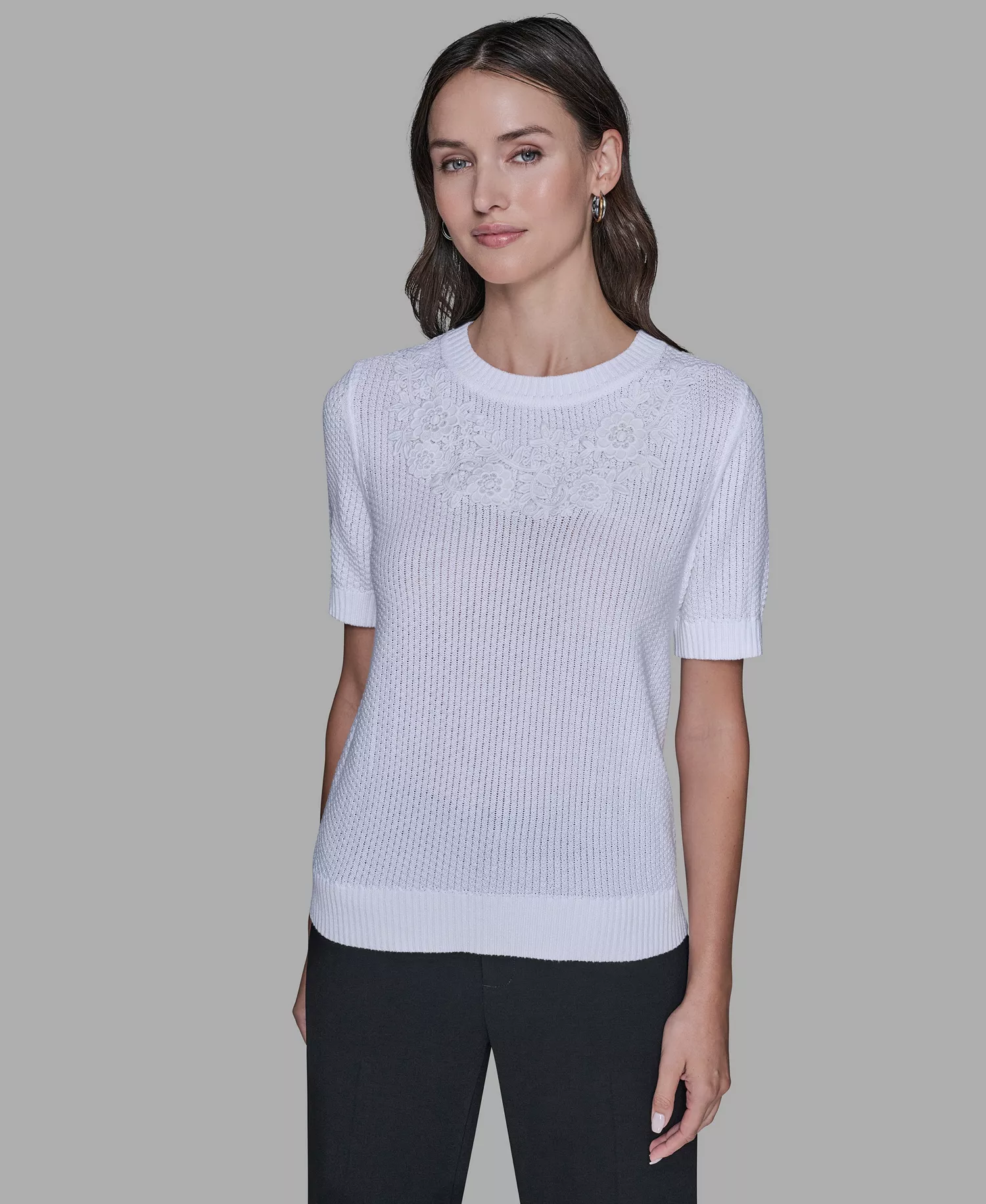 Women's Crewneck Floral Trimmed Sweater - Soft White - L