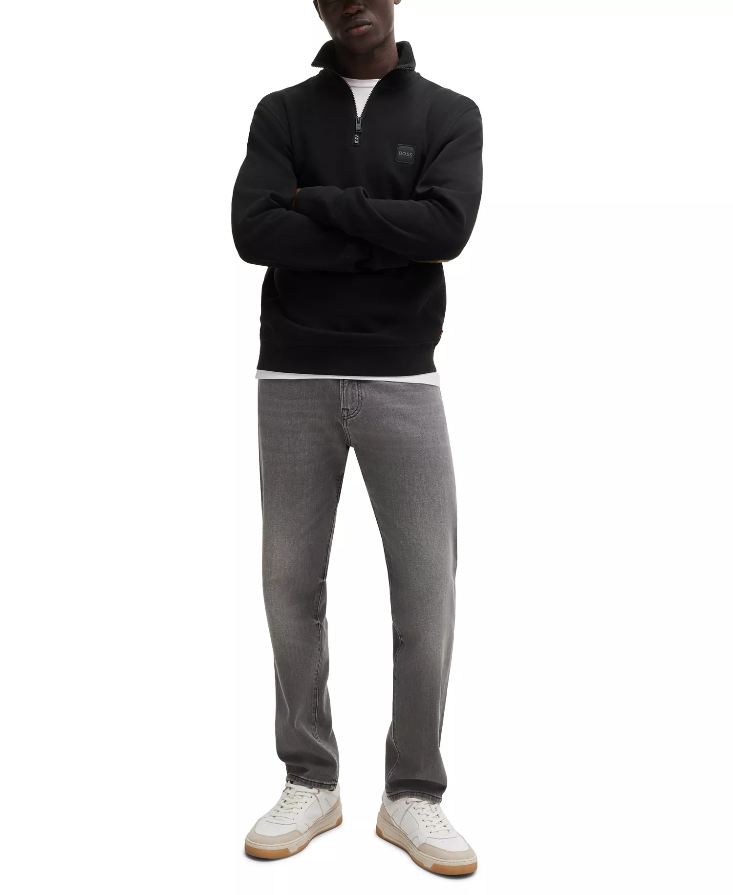 Men's Cotton Terry Logo Patch Zip-Neck Sweatshirt - Black - L