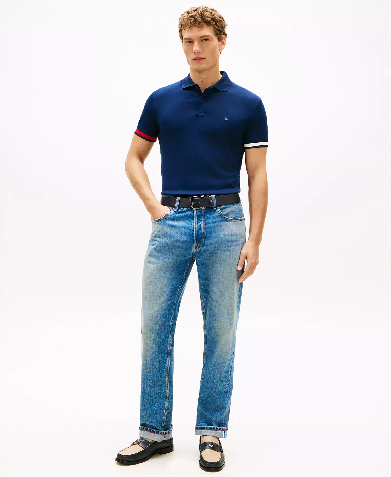 Men's Liquid Cotton Red, White, and Blue Cuff Polo Shirt - Carbon Navy - L