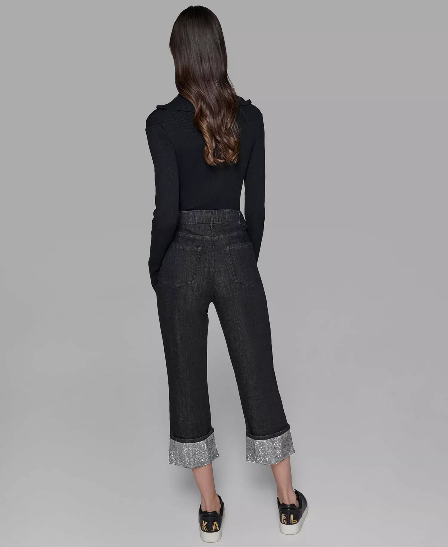 Petite High-Rise Cuffed-Embellished Jeans  - Black - 10P