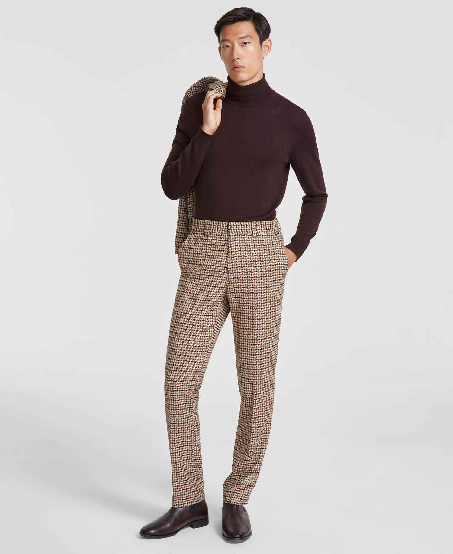 Men's Modern-Fit Houndstooth Suit Separate Pants - Dark Brown - 38R