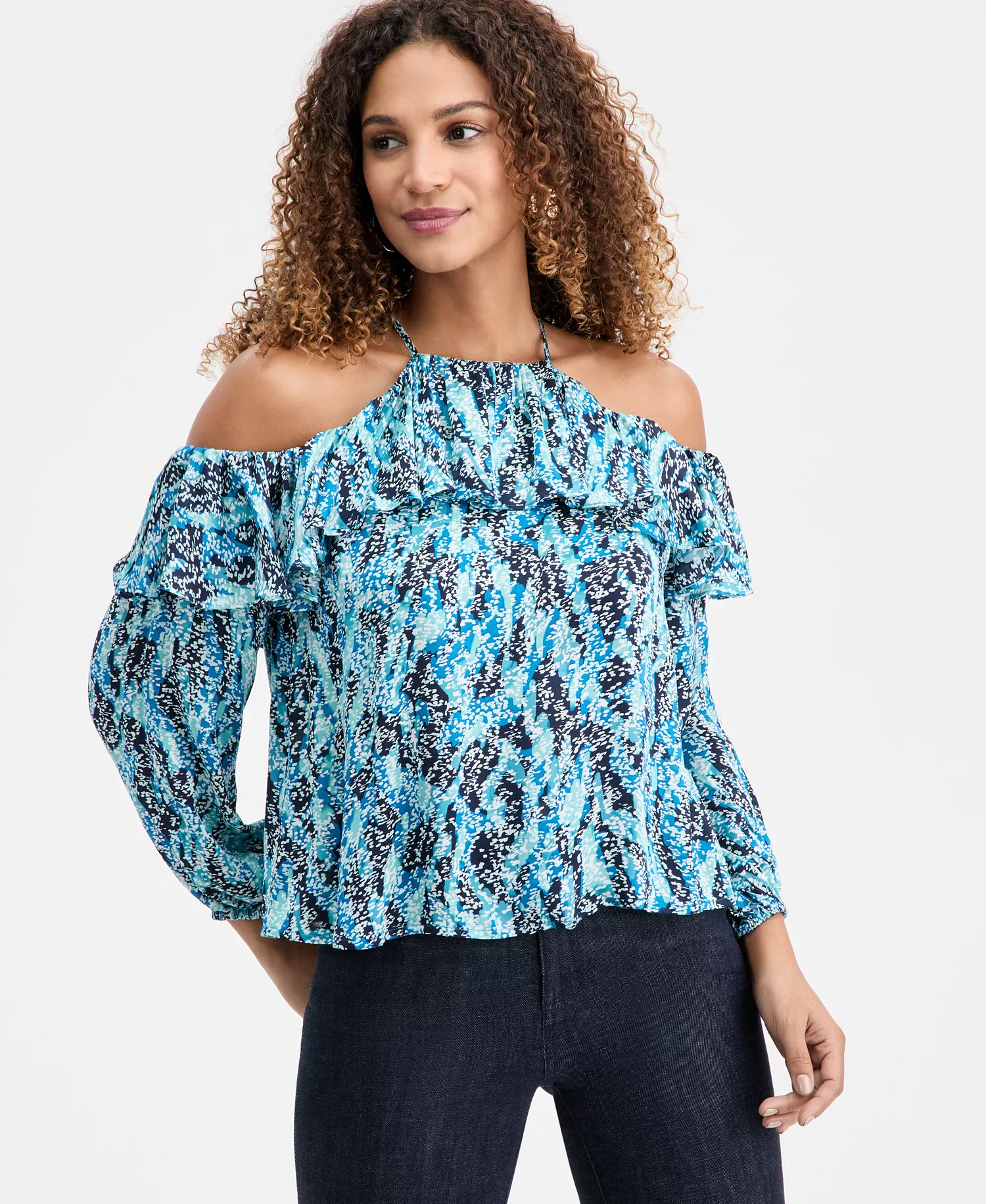 Women's Printed Cold-Shoulder Top, Macy's Exclusive - Claire Teal Print - L