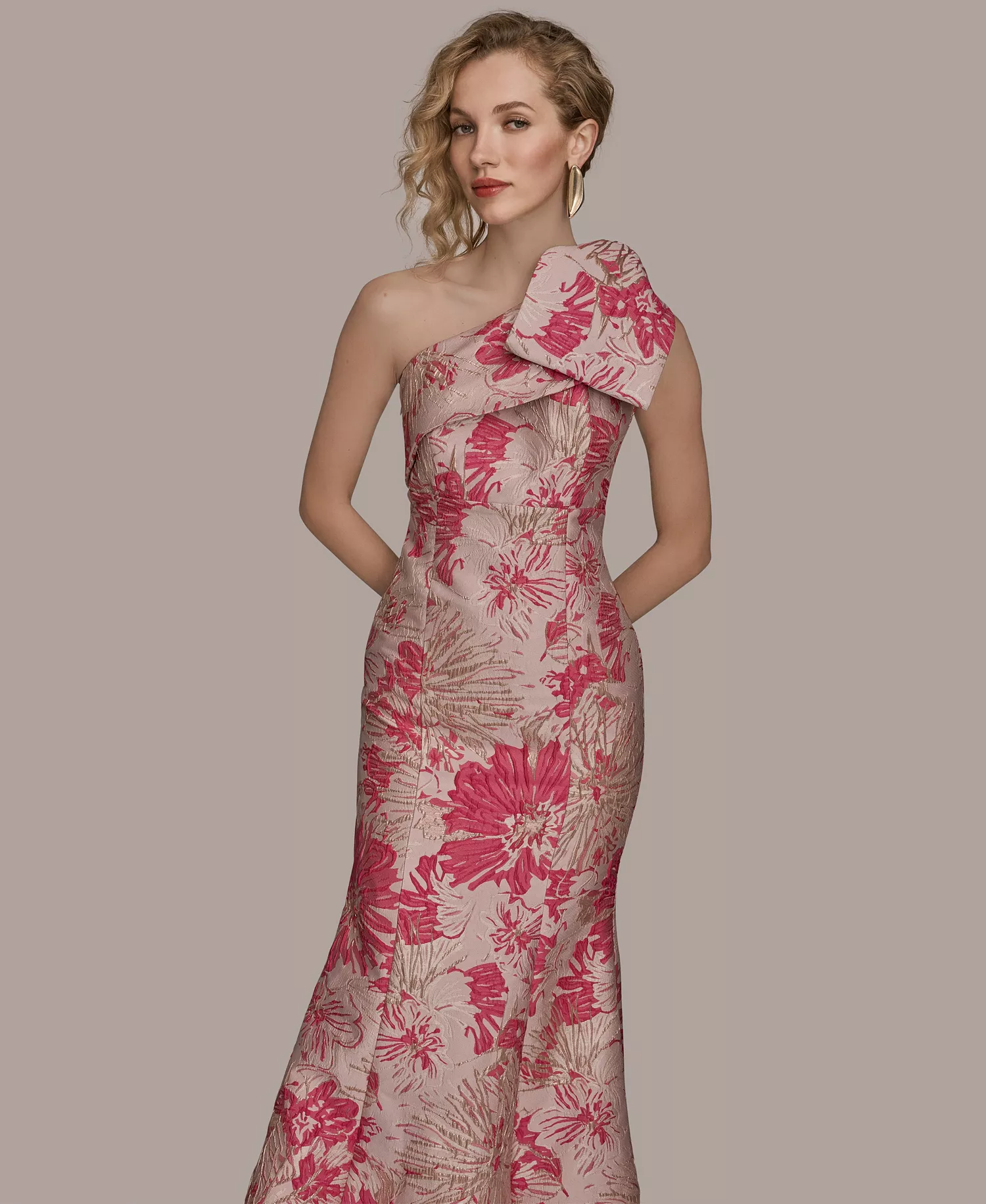 Women's Jacquard Bow-Trim One-Shoulder Gown - FUCHSIA MULTI - 10