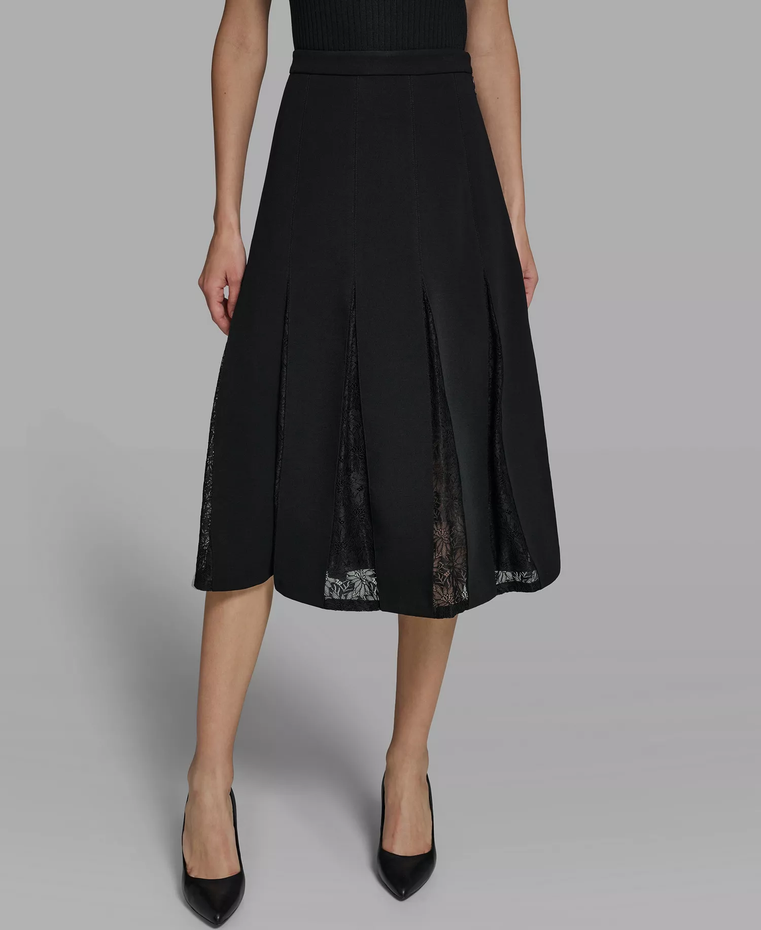 Women's Lace Inset Midi Skirt - Black - 0