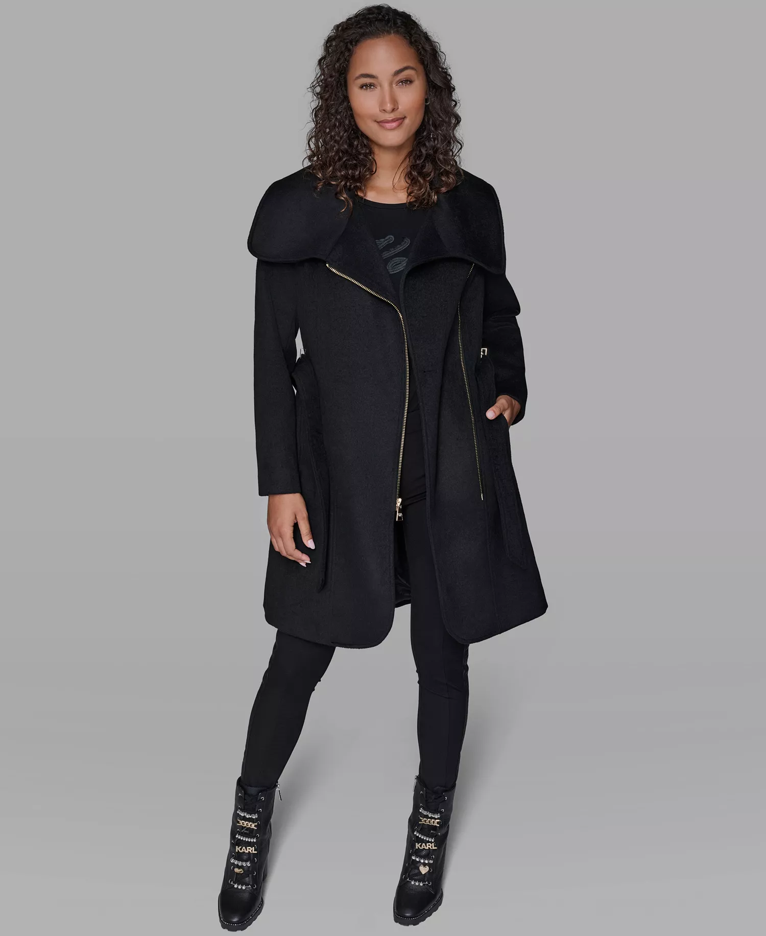 Women's Asymmetrical Wrap Coat - Black - L