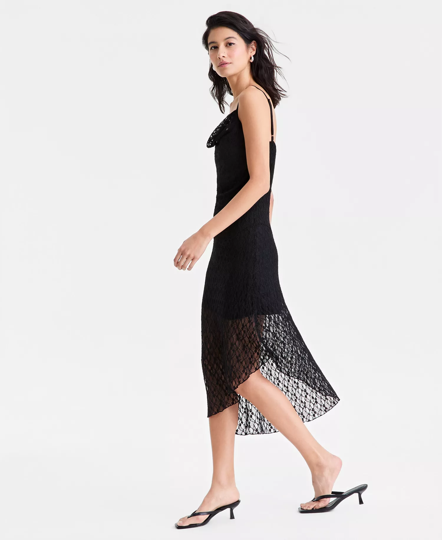 Women's' Cowl-Neck Lace Slip Dress, Macy's Exclusive  - Black - L