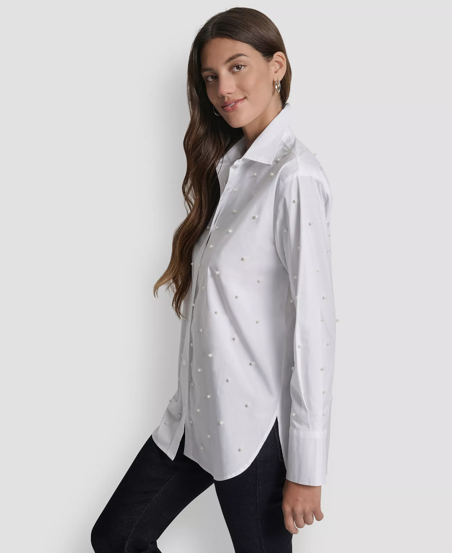 Women's Imitation Embellished Long Sleeve Shirt - White - PL