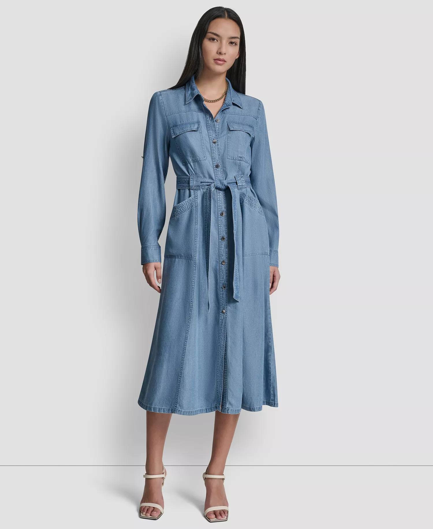 Women's Roll-Tab Sleeve Cargo Collared Dress - Stream - L
